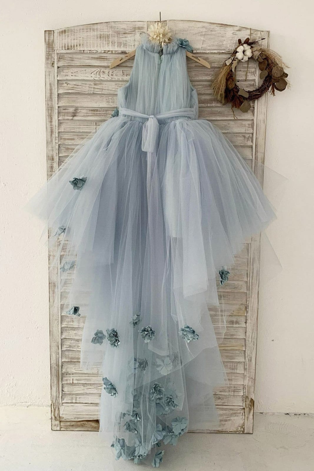 Dusty Blue Tulle Hi-Low Wedding Flower Girl Dress Kids Party Dress, Sweep Train