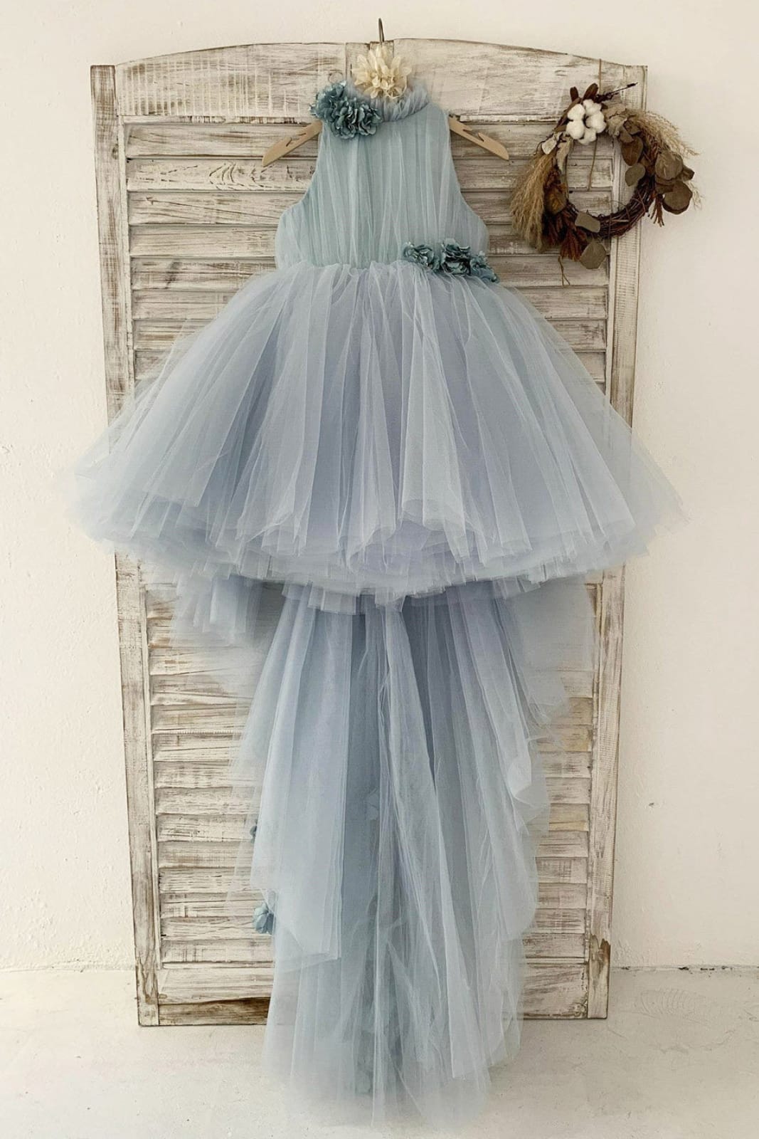 Dusty Blue Tulle Hi-Low Wedding Flower Girl Dress Kids Party Dress, Sweep Train