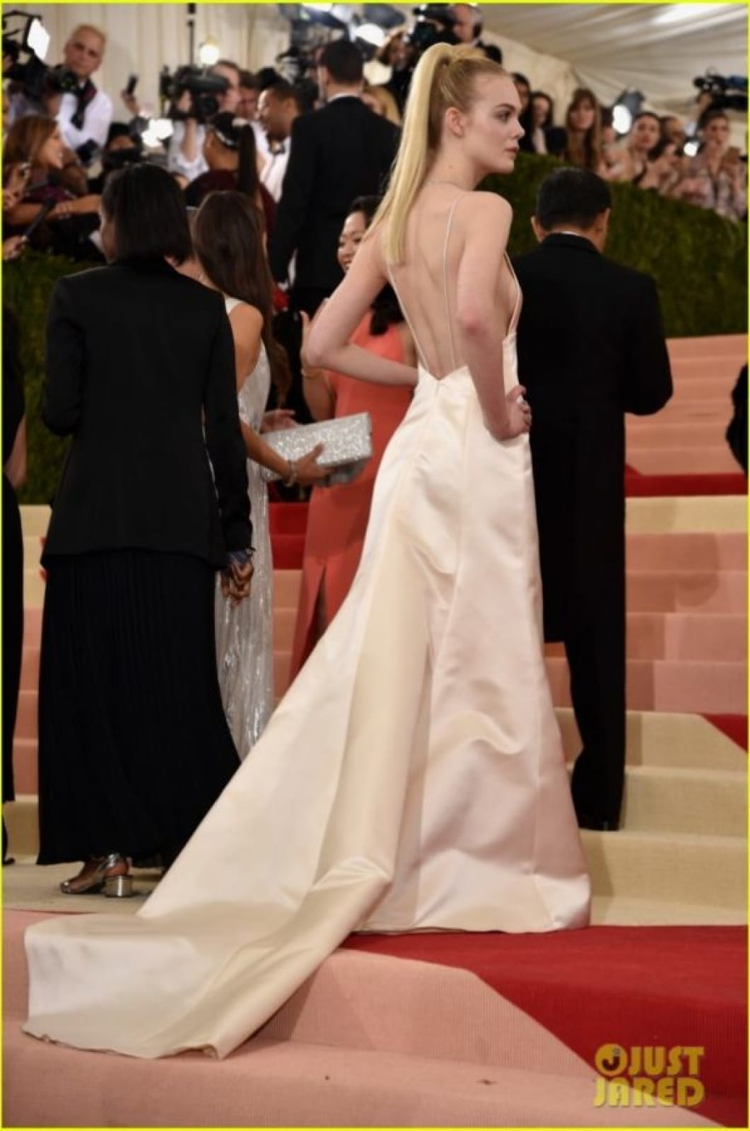 Elle Fanning Satin Slip Plunge Backless Celebrity Dress Met Gala 2016 Red Carpet