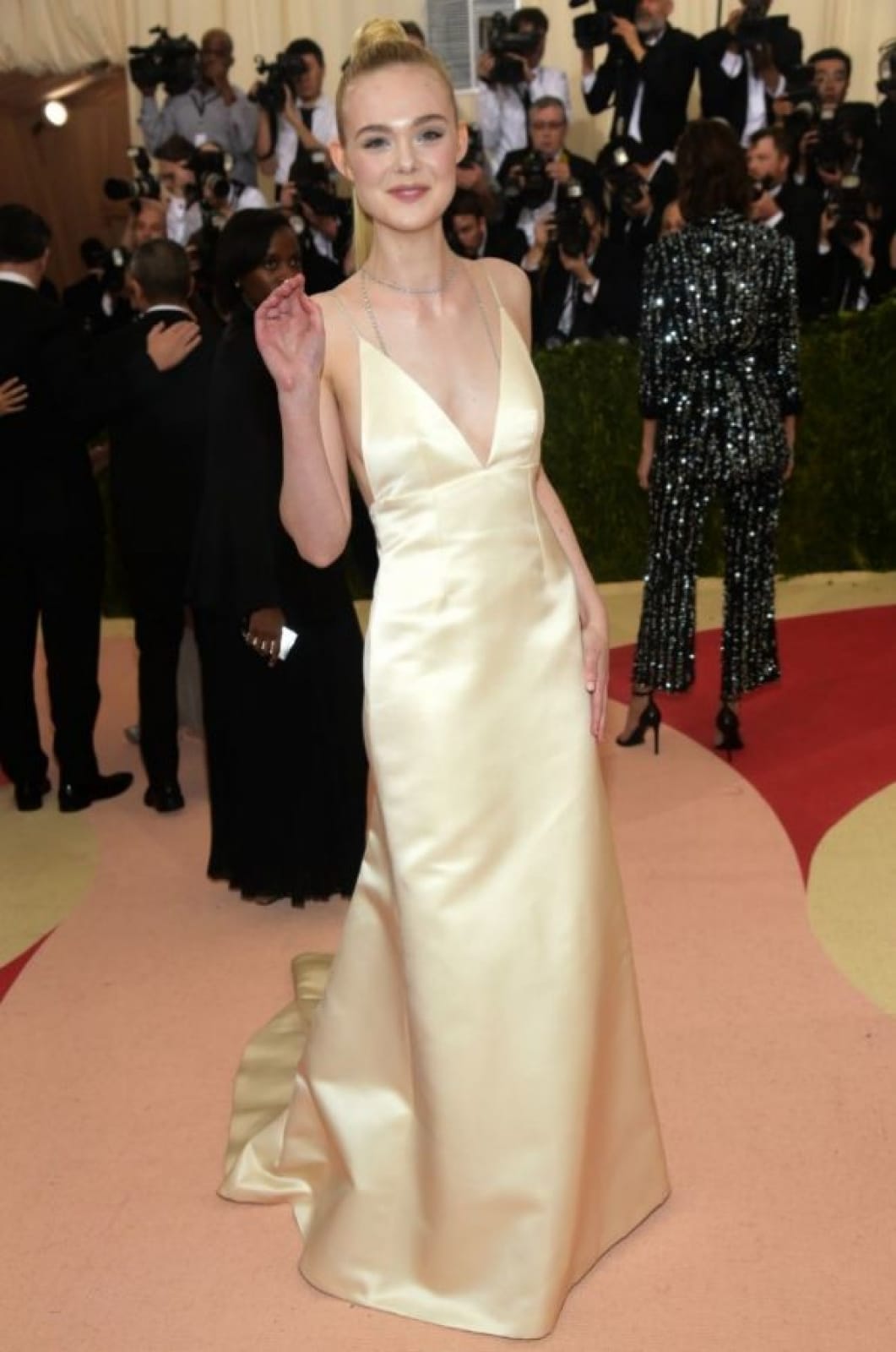 Elle Fanning Satin Slip Plunge Backless Celebrity Dress Met Gala 2016 Red Carpet