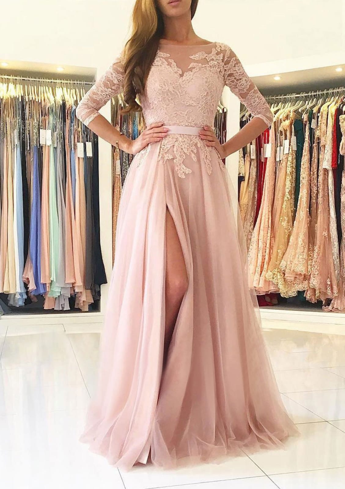 Formal Bateau 3/4 Sleeve Slit Sweep Blush Lace Tulle Evening Gown