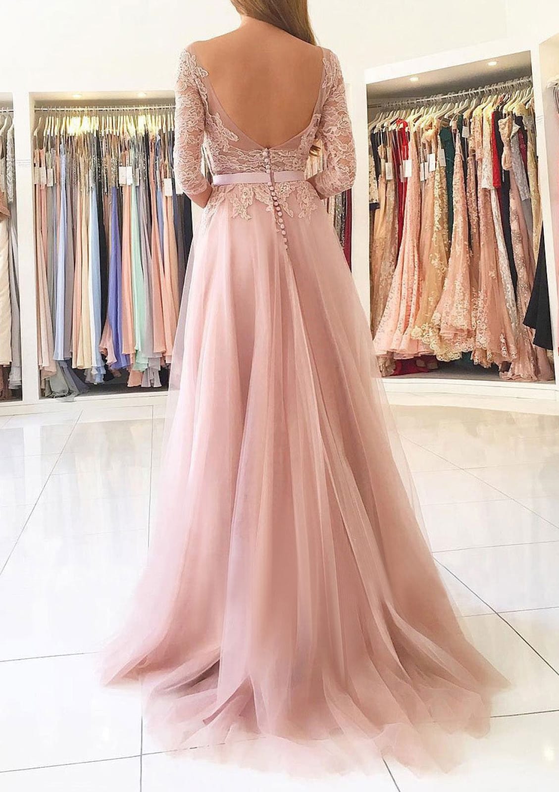 Formal Bateau 3/4 Sleeve Slit Sweep Blush Lace Tulle Evening Gown