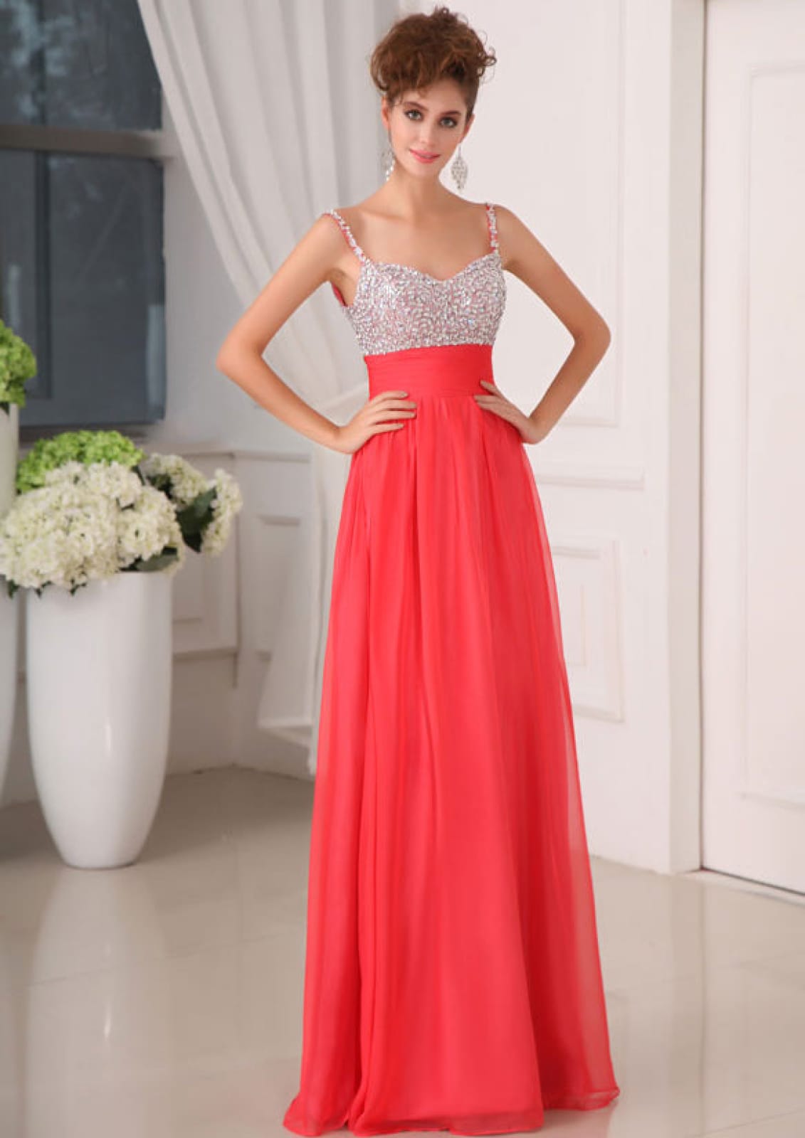 Formal A-line Sweetheart V-back Chiffon Prom Dress Long Evening Gown, Beaded