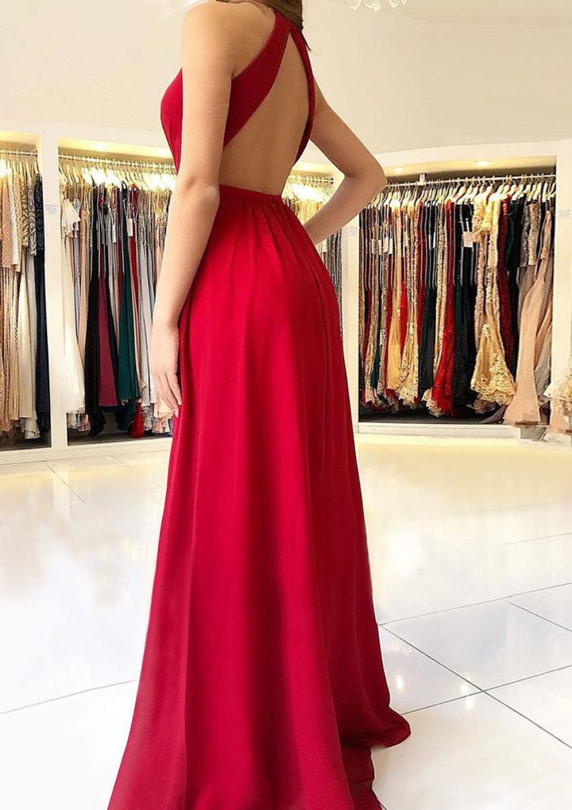 Formal Plunging Sleeveless Open Back Floor-length A-line Split Chiffon Prom Dress