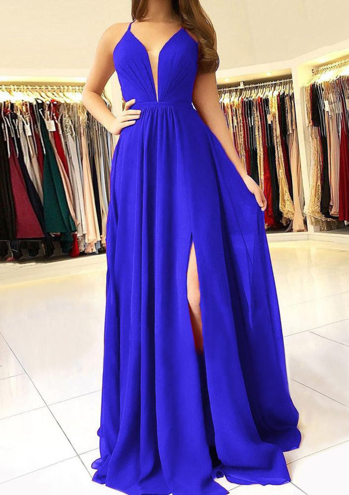 Formal Plunging Sleeveless Open Back Floor-length A-line Split Chiffon Prom Dress