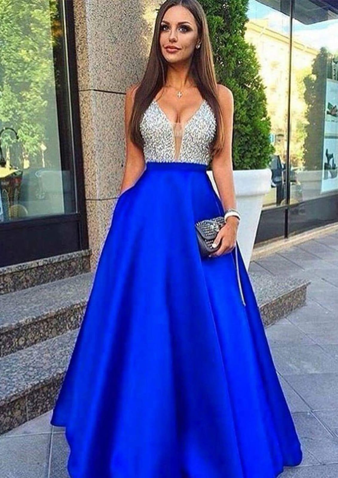 Formal Princess Plunging Sleeveless Long Royal Blue Satin Evening Prom Dresses, Sequins