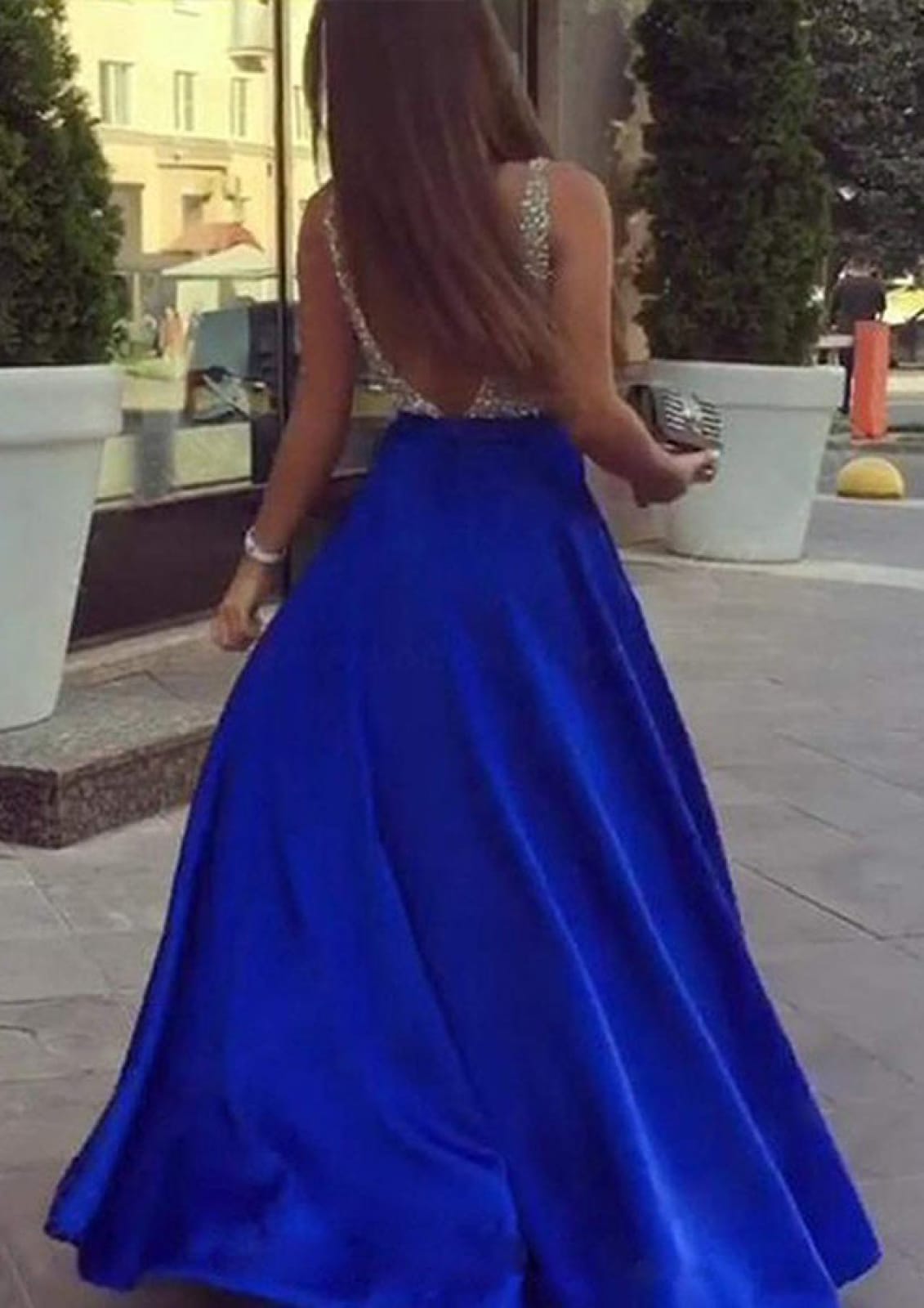 Formal Princess Plunging Sleeveless Long Royal Blue Satin Evening Prom Dresses, Sequins
