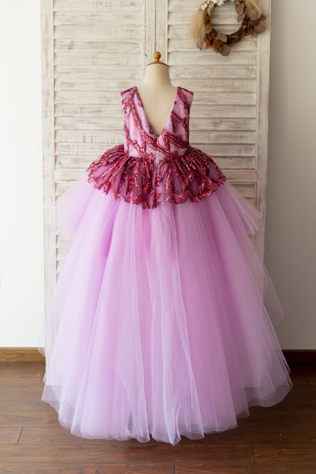 Fuchsia Sequin Tulle V Back Hi-Low Wedding Flower Girl Dress Kids Party Dress