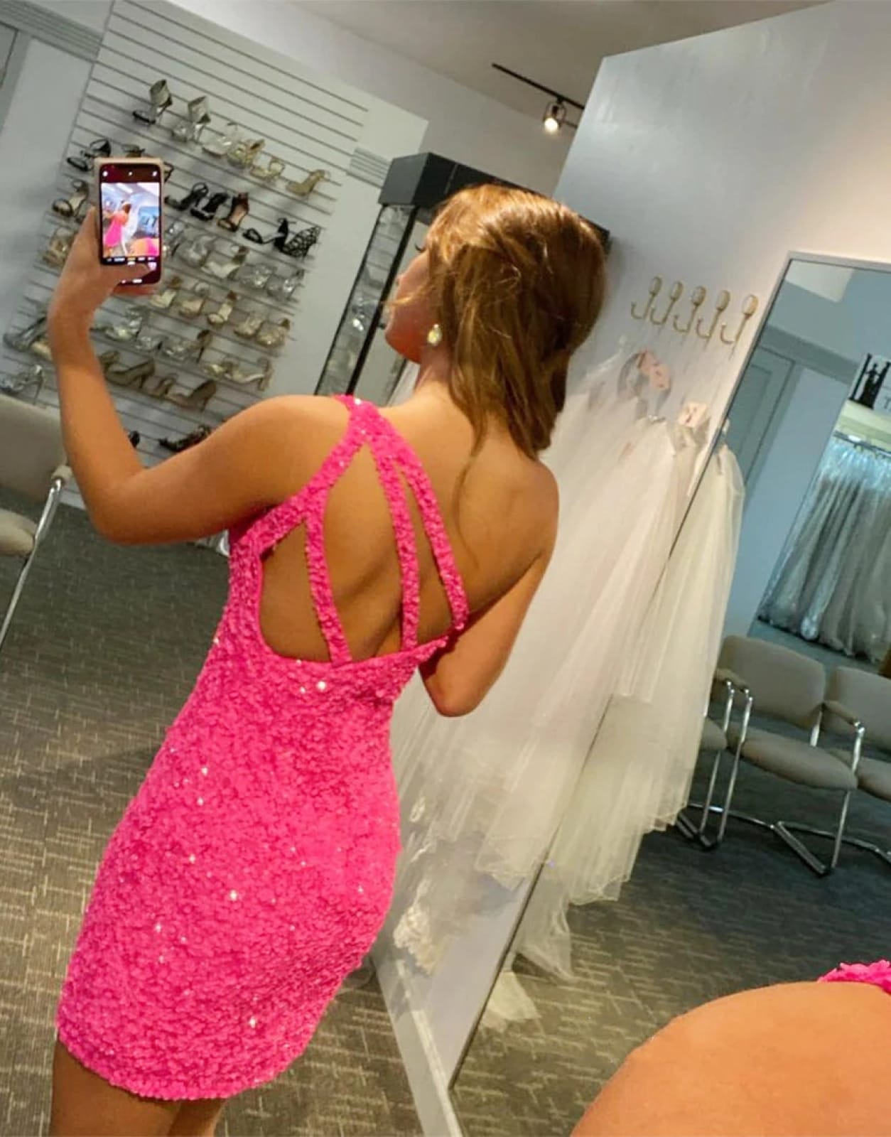 Glitter Hot Pink Sequin One Shoulder Homecoming Wedding Party Dress