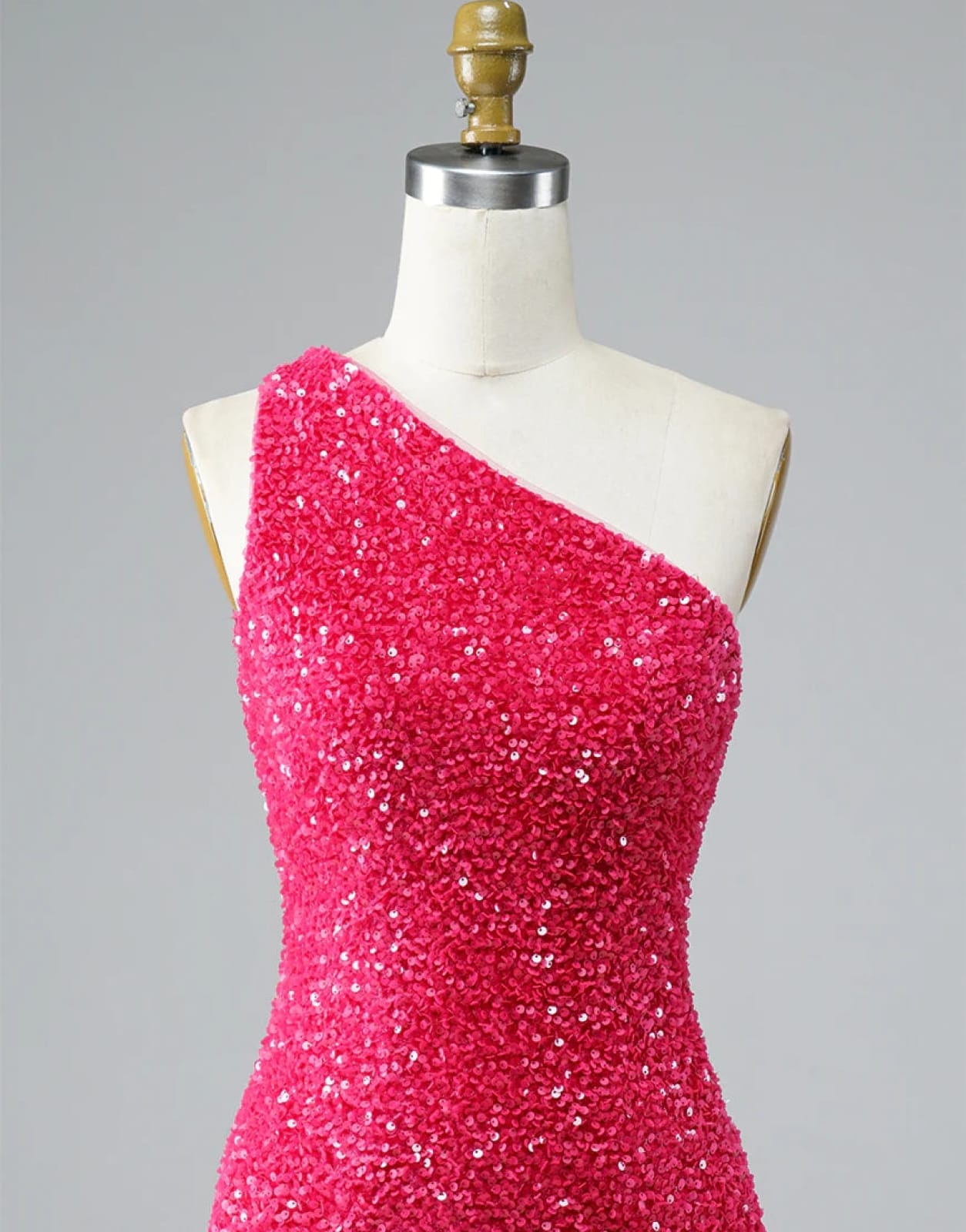 Glitter Hot Pink Sequin One Shoulder Homecoming Wedding Party Dress