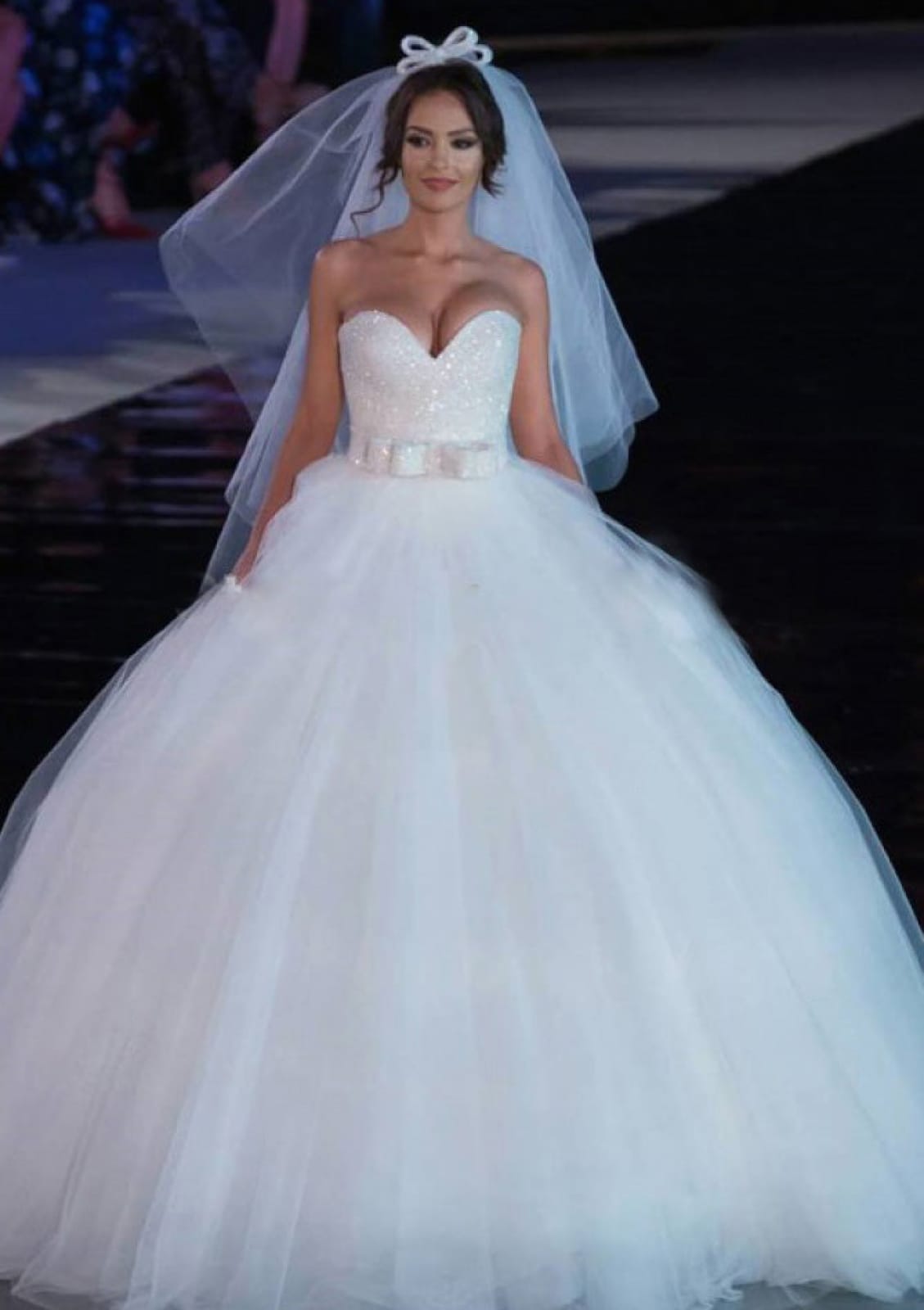Glitter Strapless Sweetheart Tulle Ball Gown Wedding Dress, Bowknot