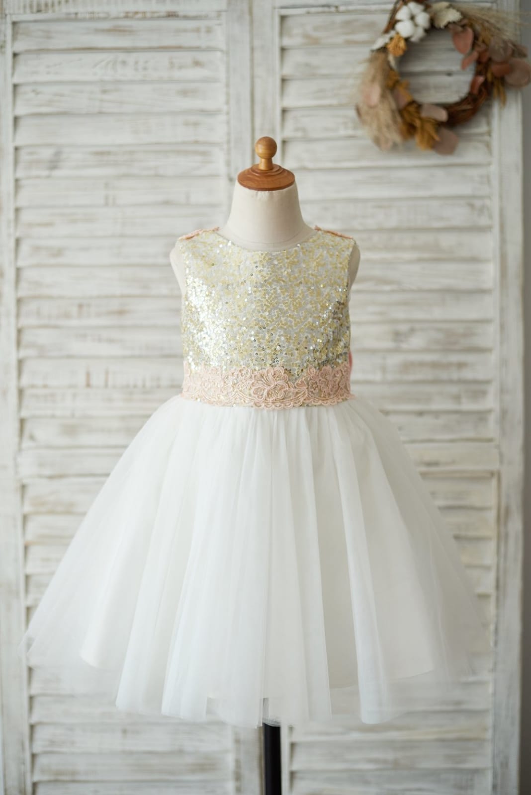 Gold Sequin Ivory Tulle V Back Wedding Flower Girl Dress, Lace Belt