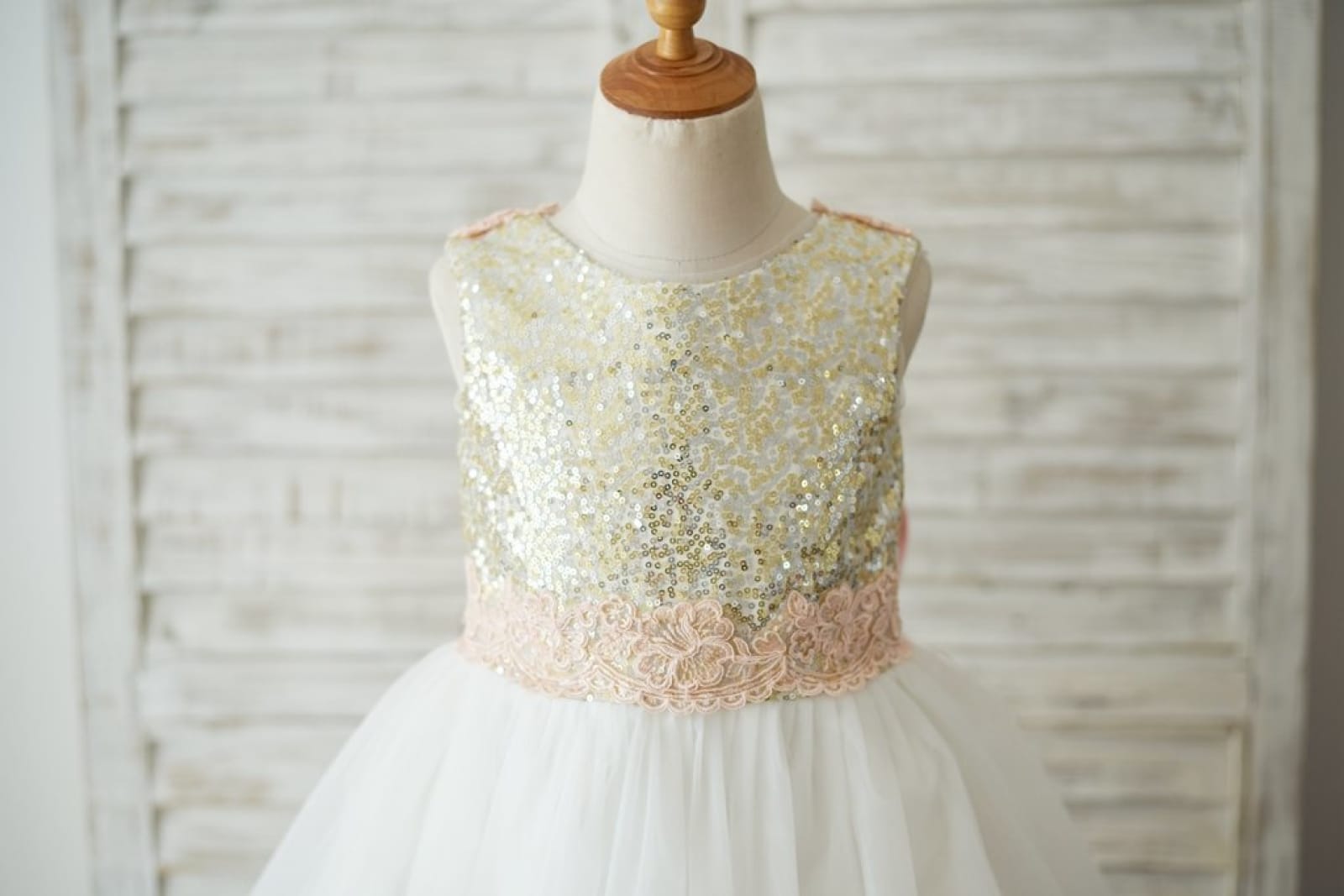 Gold Sequin Ivory Tulle V Back Wedding Flower Girl Dress, Lace Belt