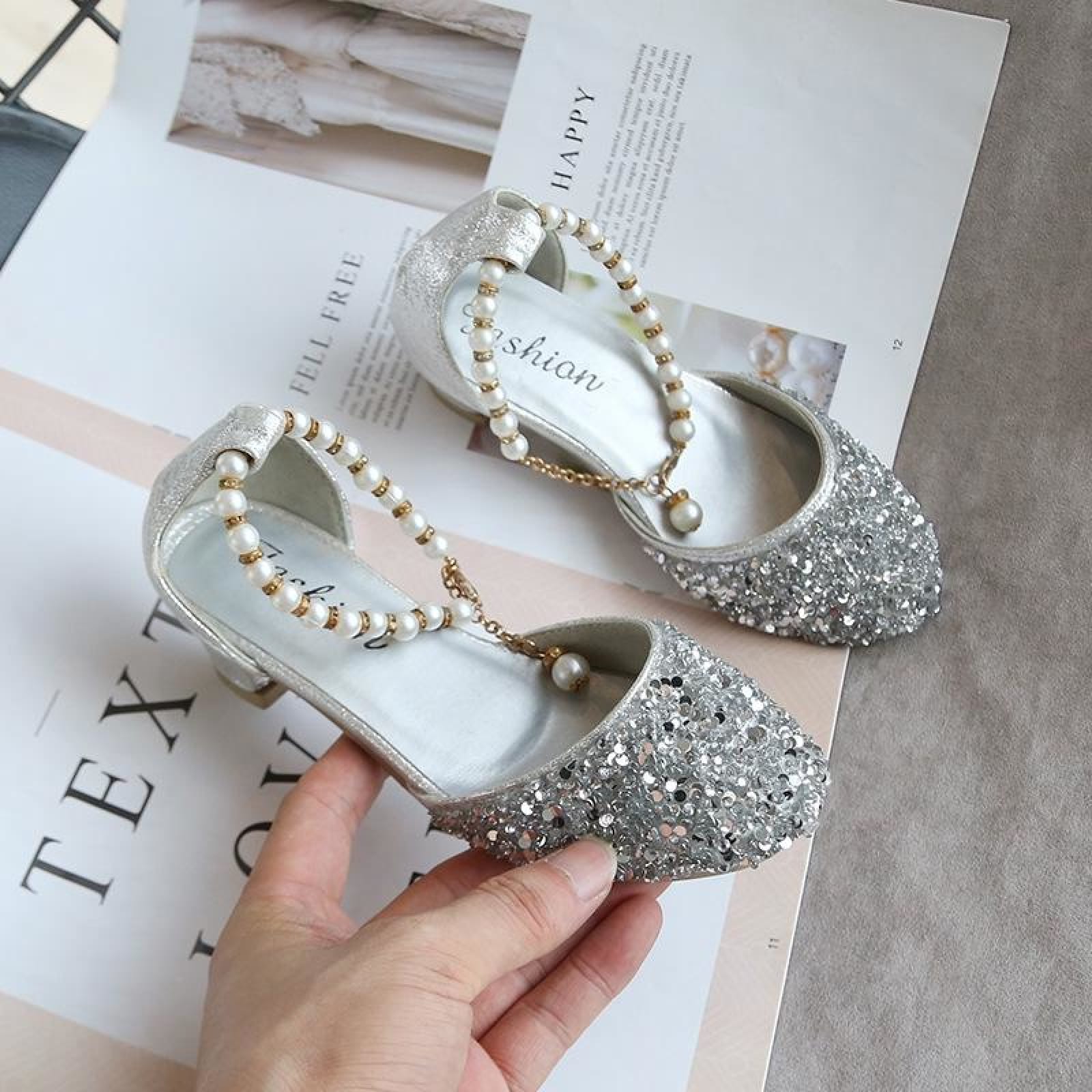 Gold / Silver Sequin Pearls Wedding Flower Girl Shoes Princess Shoes