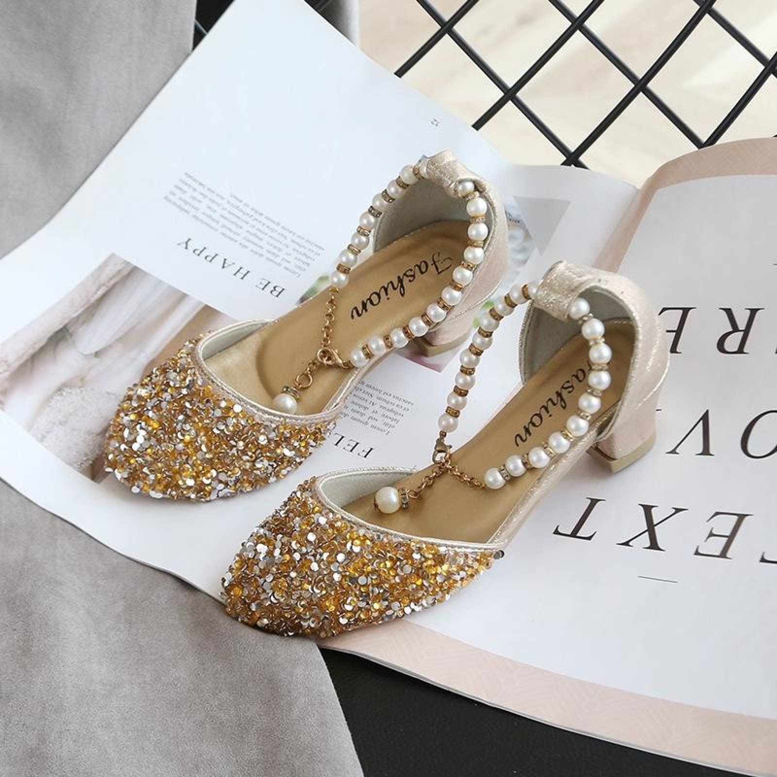 Gold / Silver Sequin Pearls Wedding Flower Girl Shoes Princess Shoes