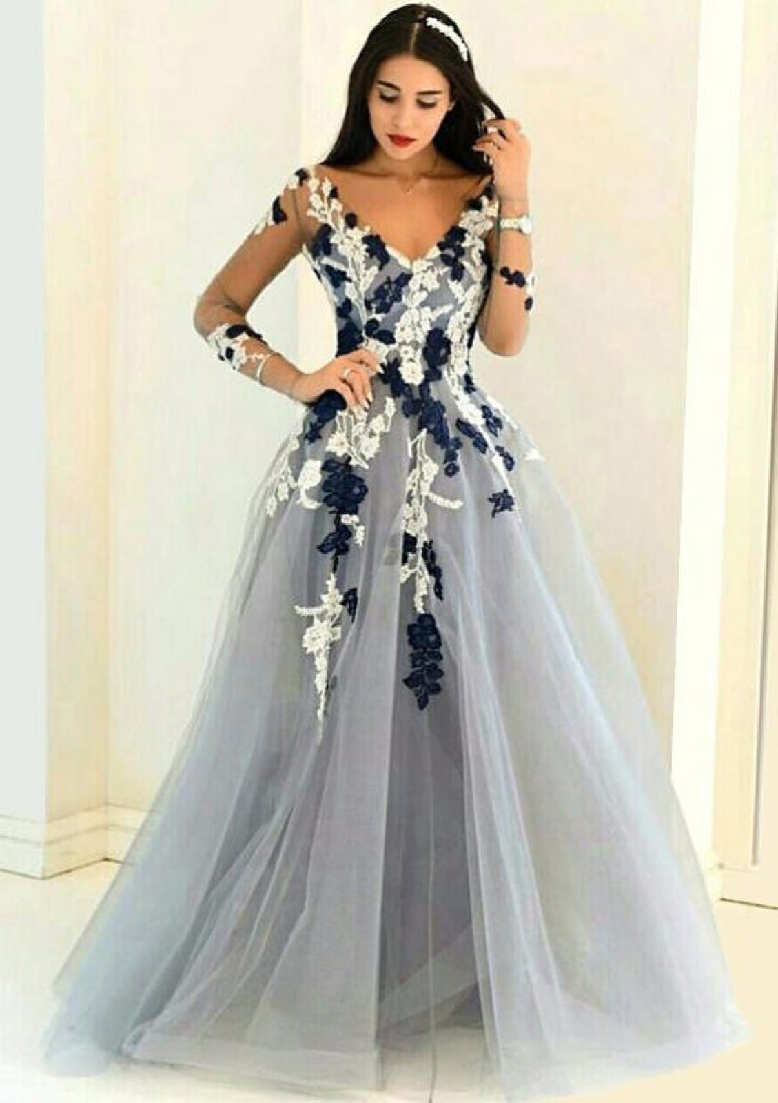 Gray Tulle Floor Length Princess Sheer Long Sleeve V-Neck Prom Dress, Lace