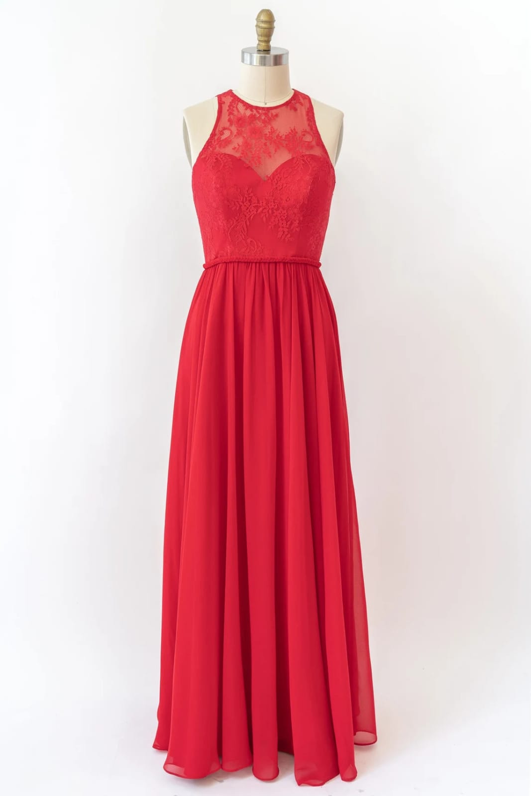 Halter Sleeveless Lace Chiffon Long Red Bridesmaid Dress, Braided Belt