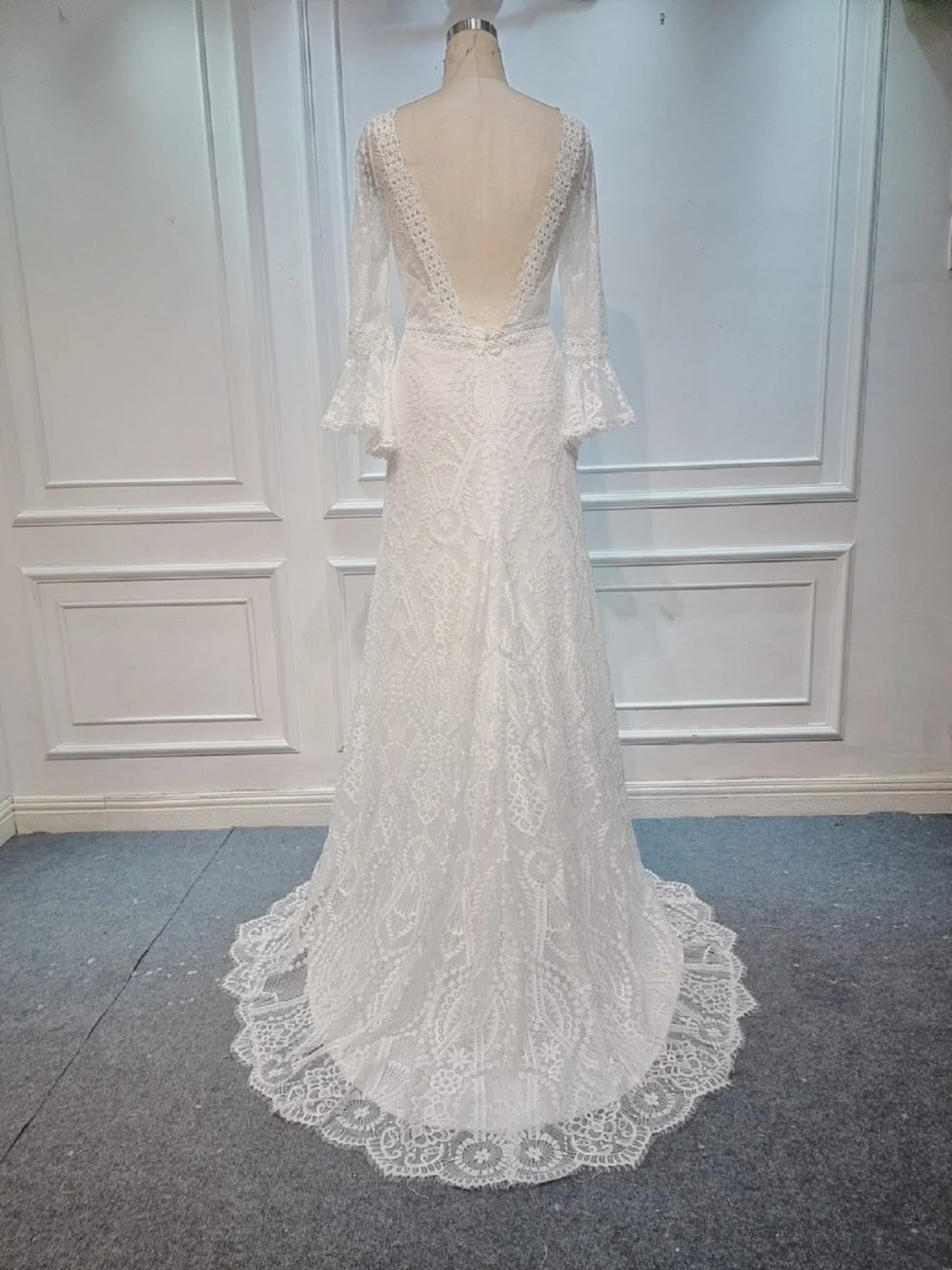 A-line Flounce Sleeve Open Back Floor Length Lace Boho Wedding Dress