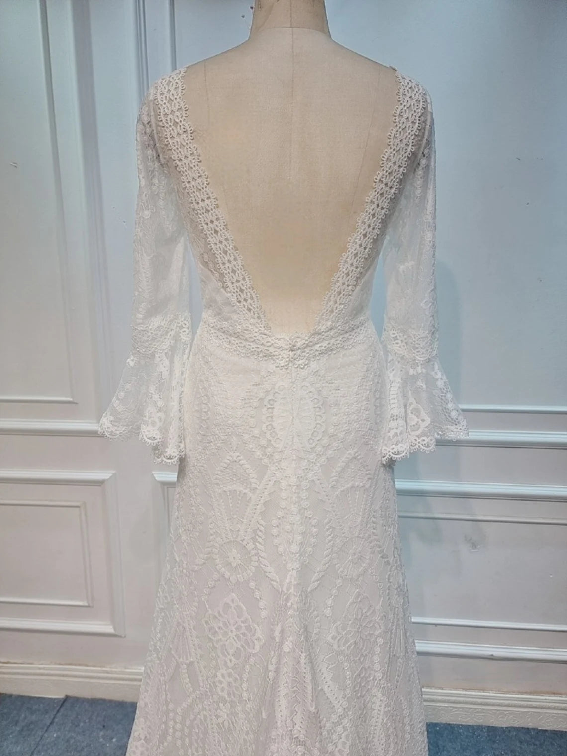 A-line Flounce Sleeve Open Back Floor Length Lace Boho Wedding Dress