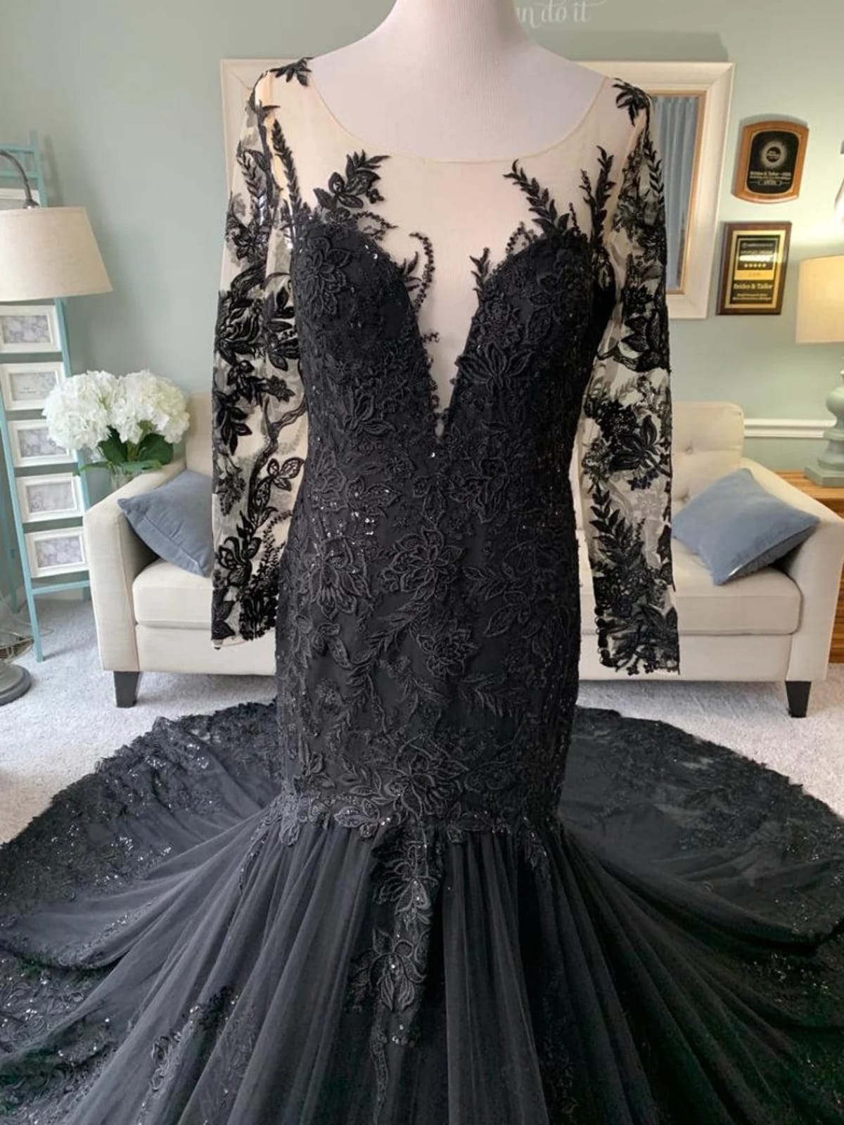 Illusion Long Sleeve Lace Tulle Trumpet Black Wedding Dress, Sequins