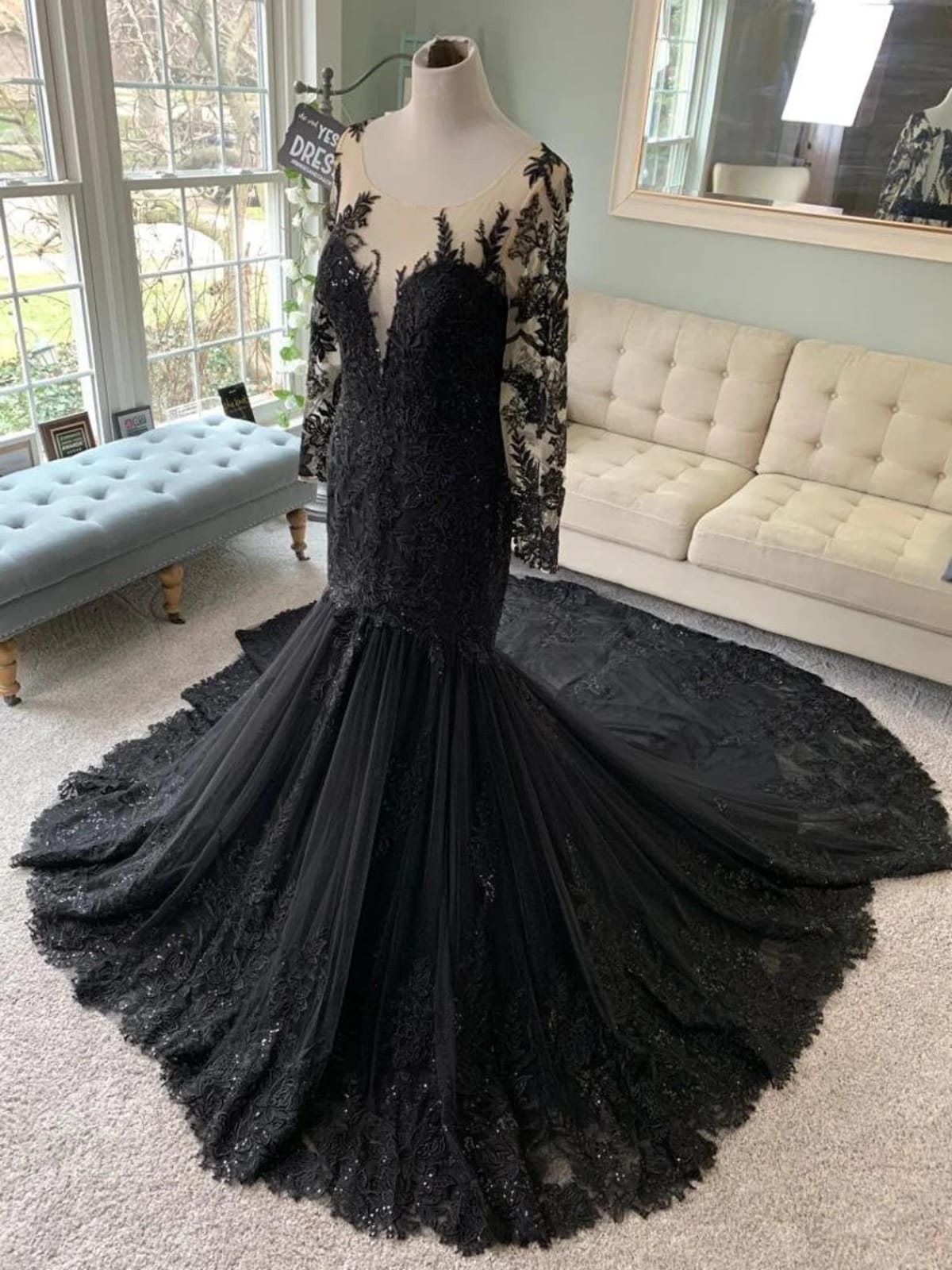 Illusion Long Sleeve Lace Tulle Trumpet Black Wedding Dress, Sequins