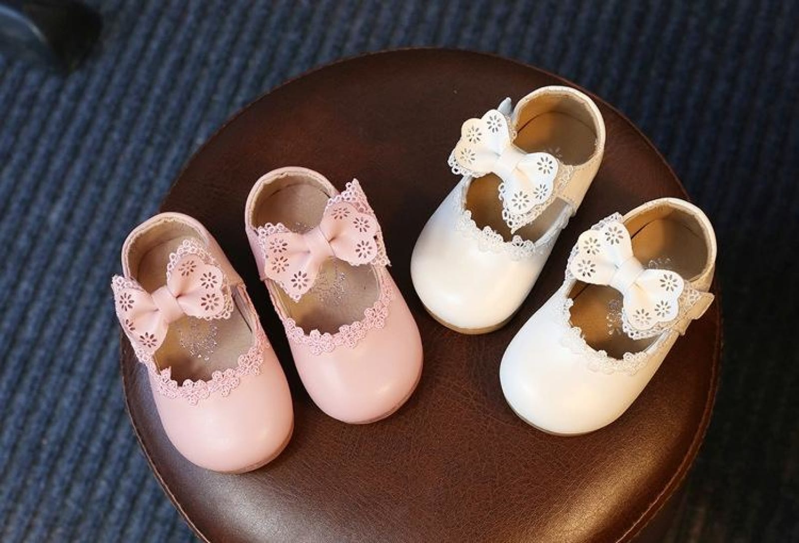 Ivory / Black / Pink Bowtie Cute Leather Flat Baby Girl Shoes Wedding Flower Girl Shoes