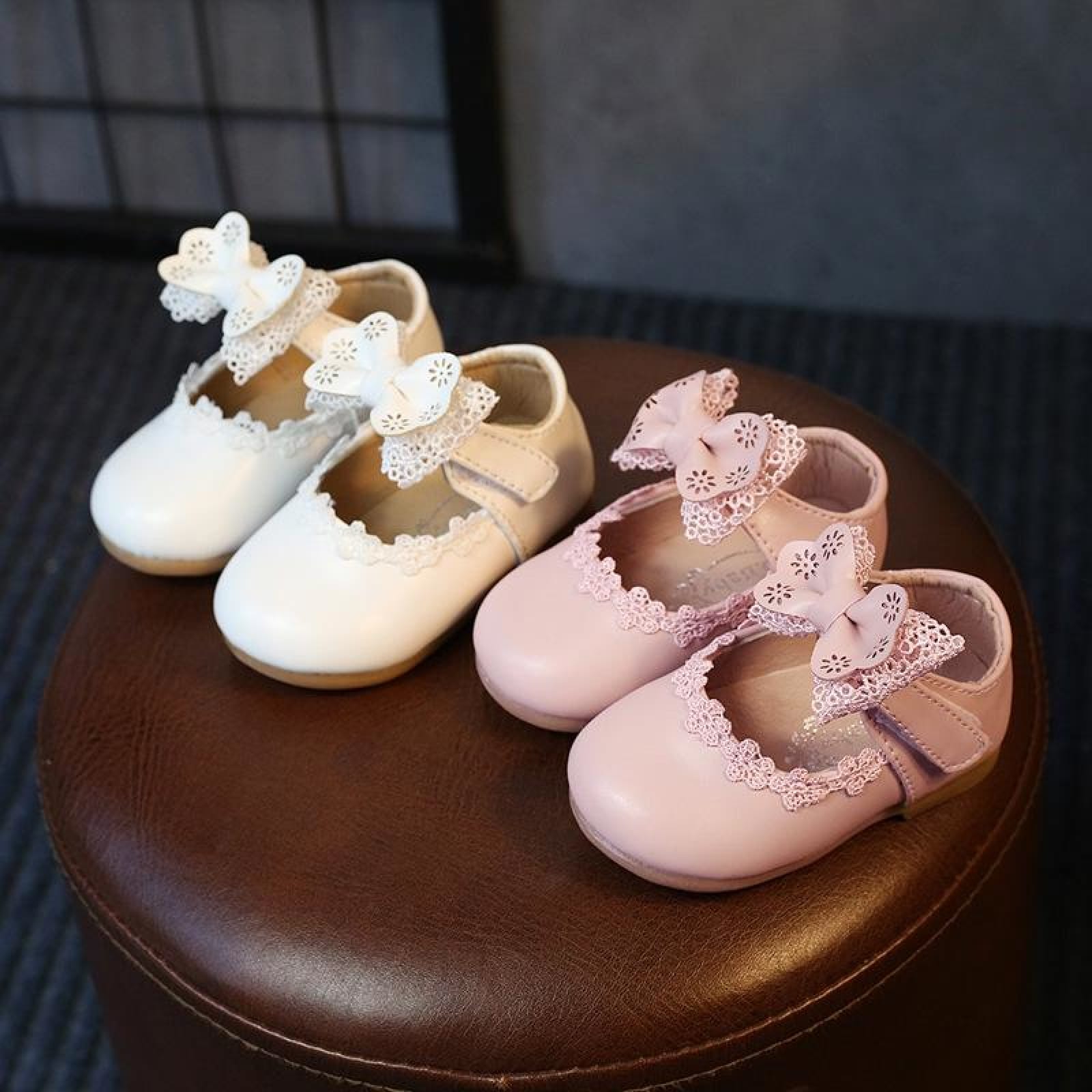 Ivory / Black / Pink Bowtie Cute Leather Flat Baby Girl Shoes Wedding Flower Girl Shoes