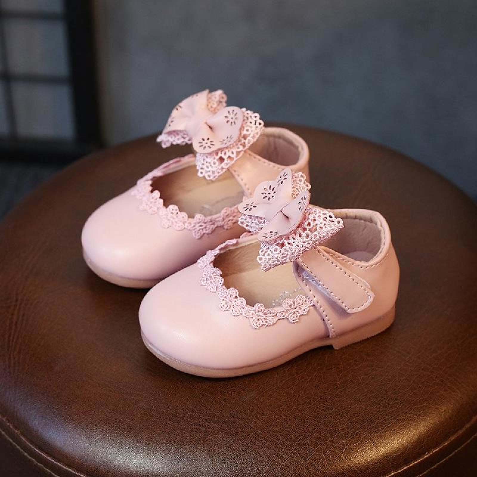 Ivory / Black / Pink Bowtie Cute Leather Flat Baby Girl Shoes Wedding Flower Girl Shoes