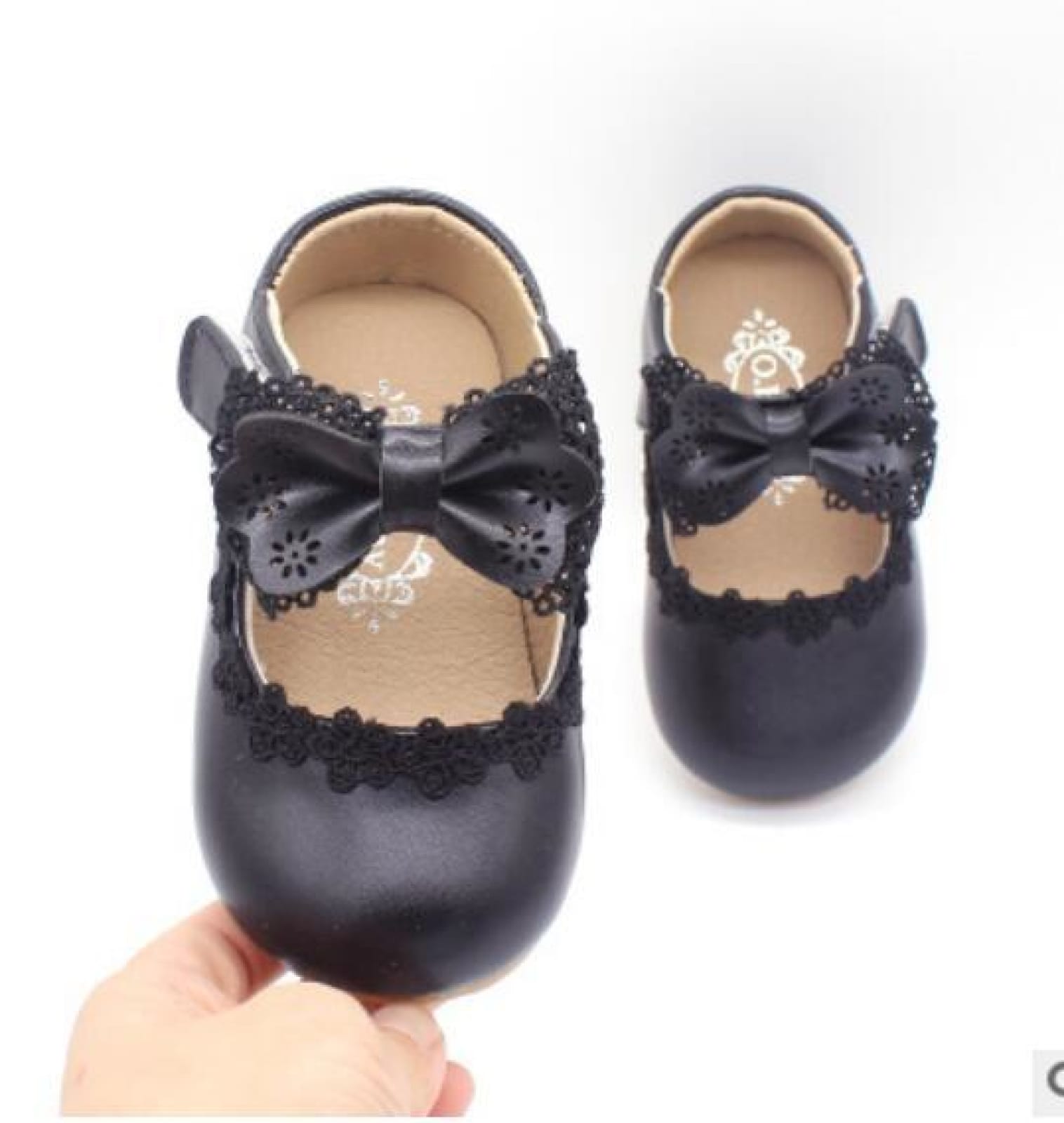 Ivory / Black / Pink Bowtie Cute Leather Flat Baby Girl Shoes Wedding Flower Girl Shoes