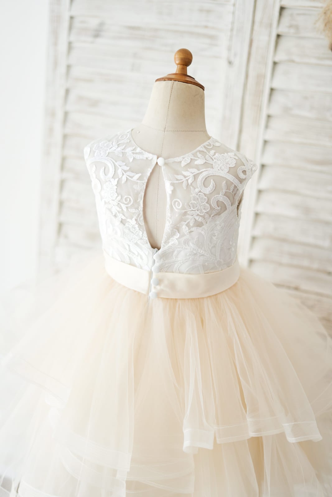 Ivory Lace Champagne Tulle Short Knee Length Wedding Flower Girl Dress