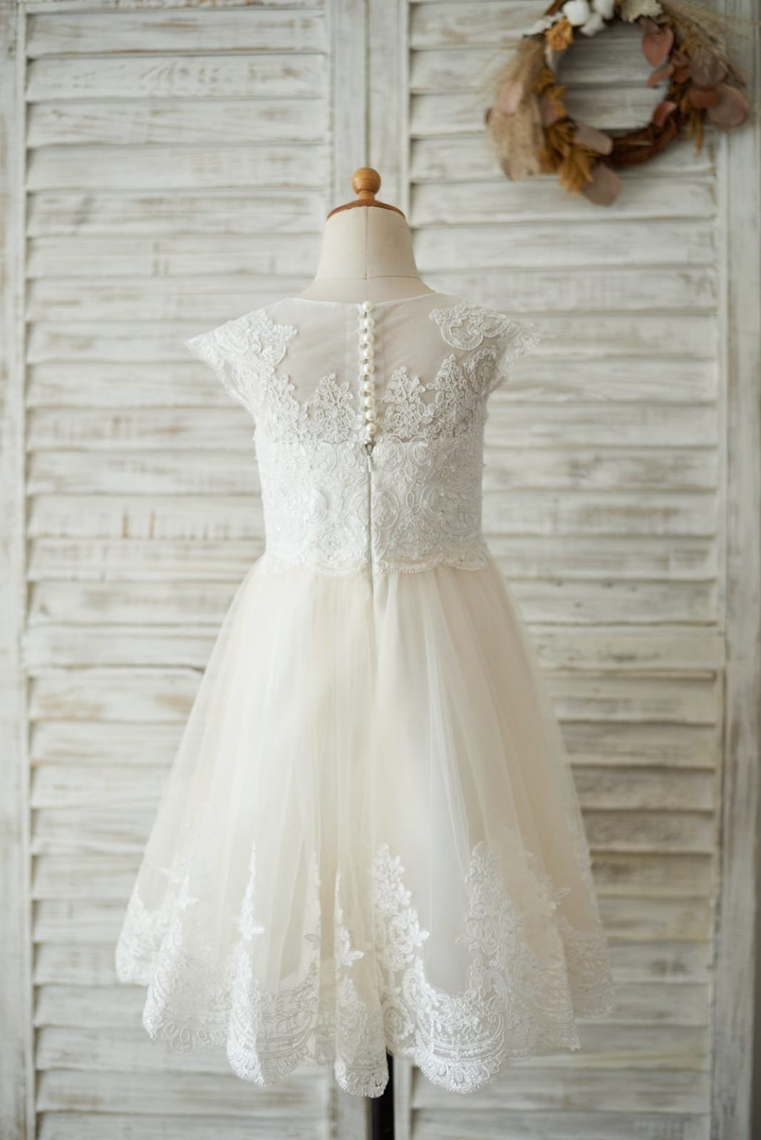 Ivory Lace Champagne Tulle Cap Sleeves Wedding Flower Girl Dress