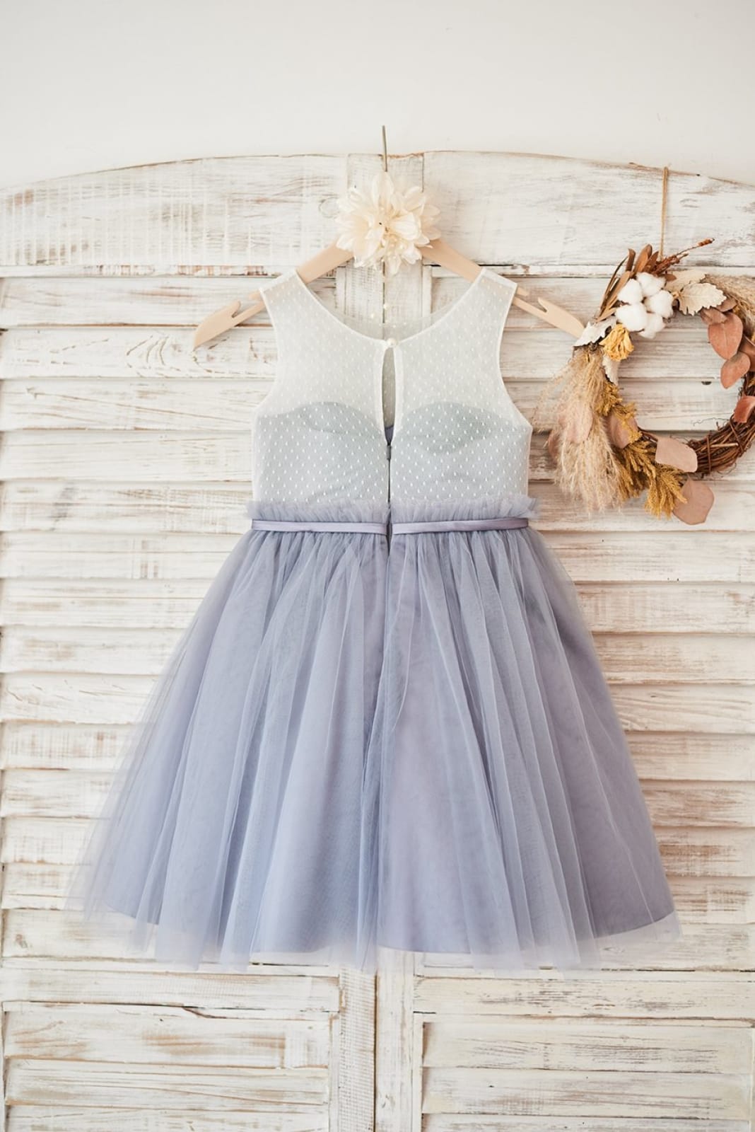 Ivory Lace Gray Tulle Sheer Back Wedding Flower Girl Dress, Belt