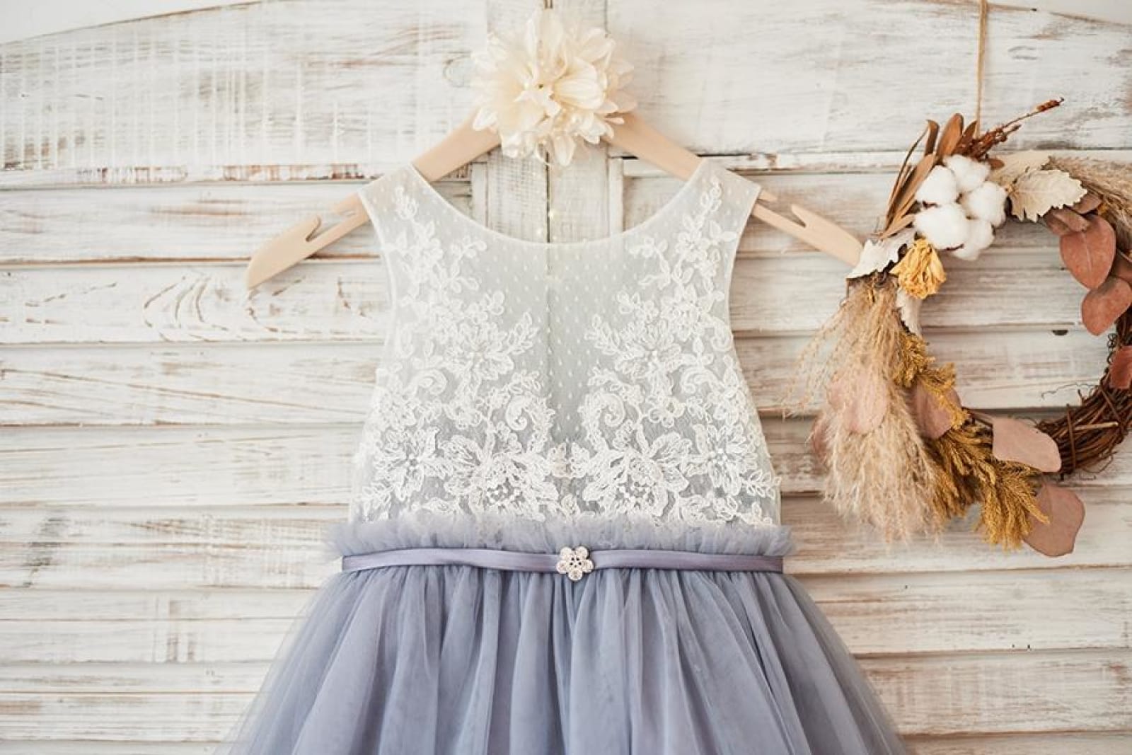 Ivory Lace Gray Tulle Sheer Back Wedding Flower Girl Dress, Belt