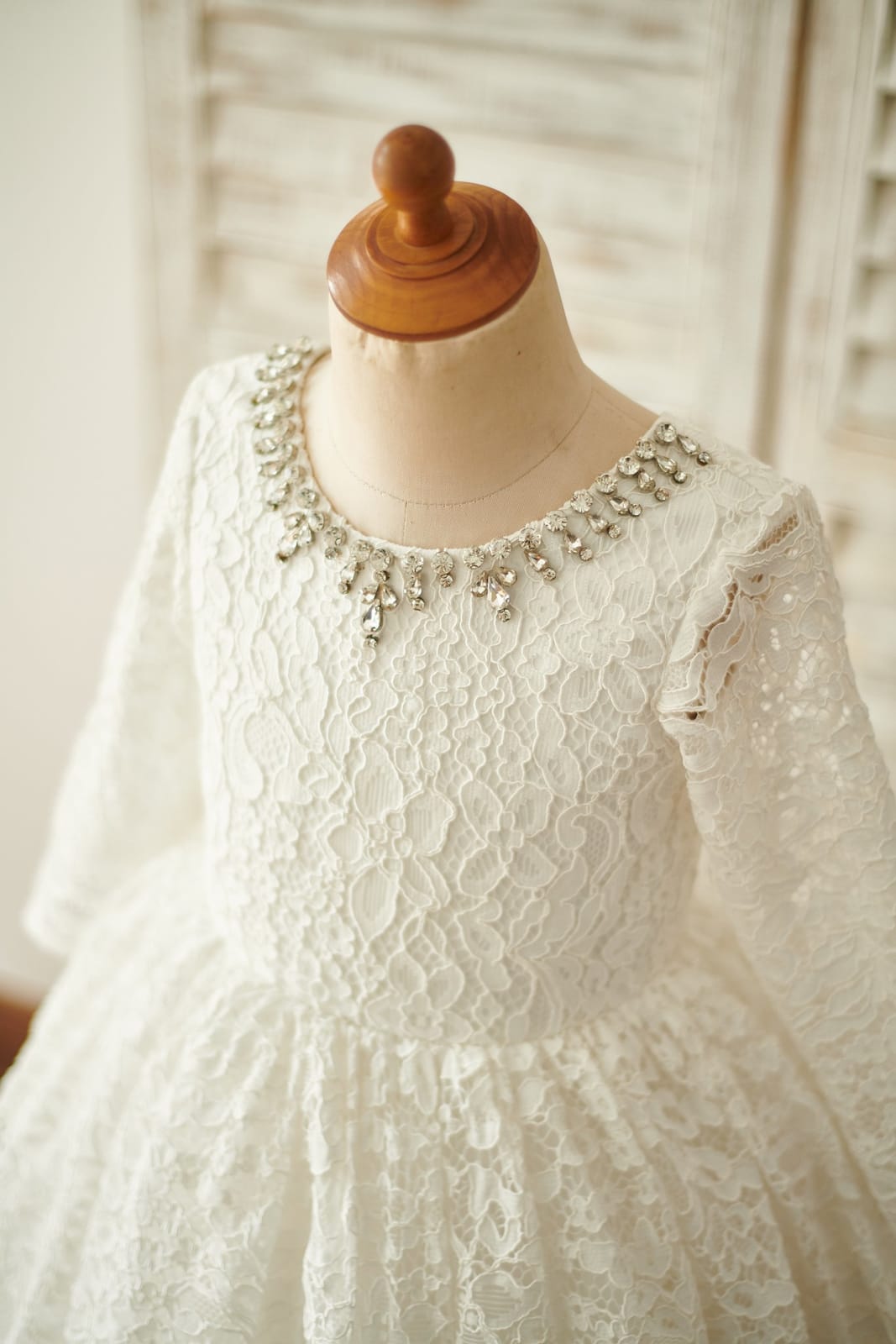 Ivory Lace Long Sleeves Wedding Flower Girl Dress, Beading Neck