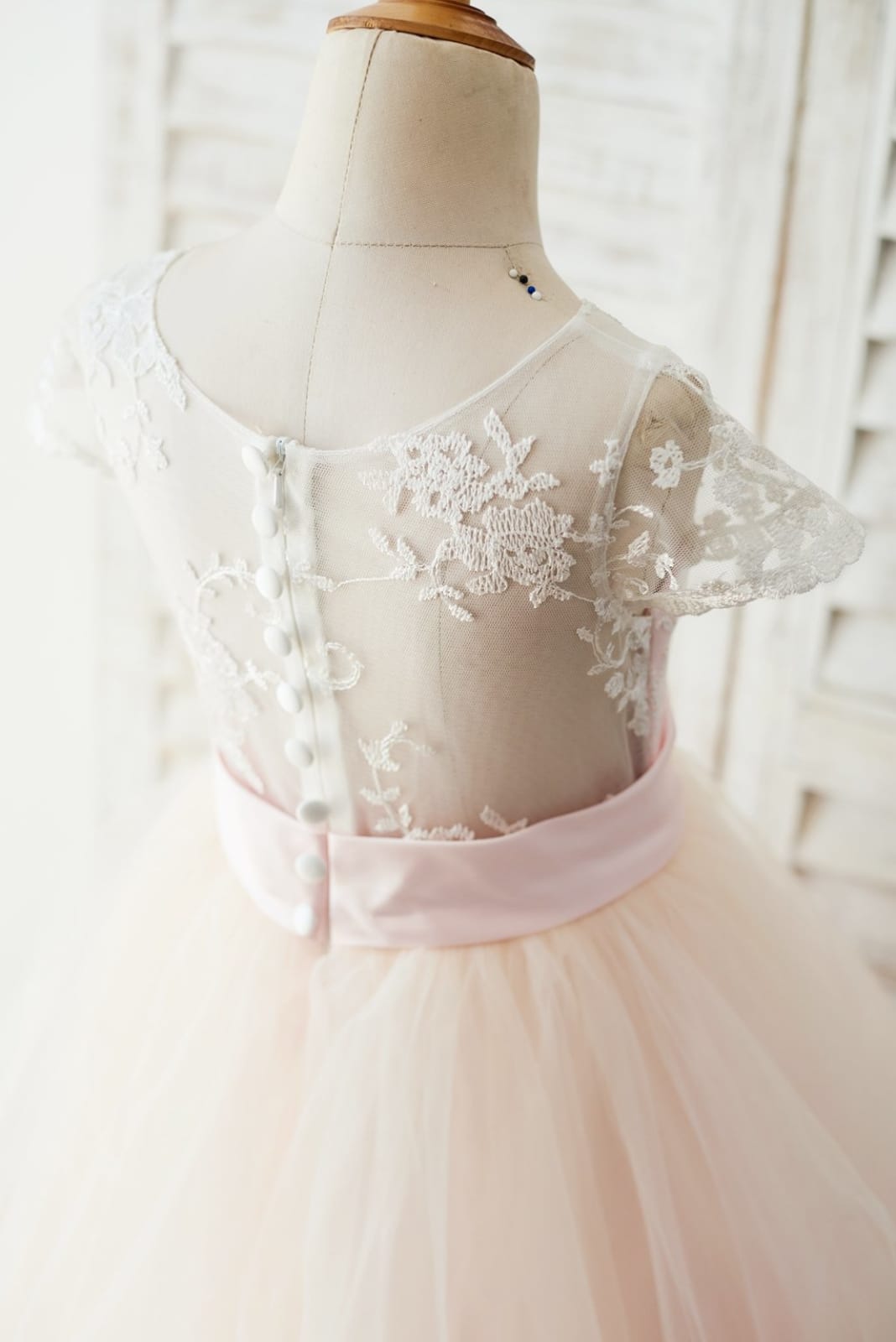 Ivory Lace Pink Tulle Cap Sleeves Wedding Flower Girl Dress, Horsehair Hem