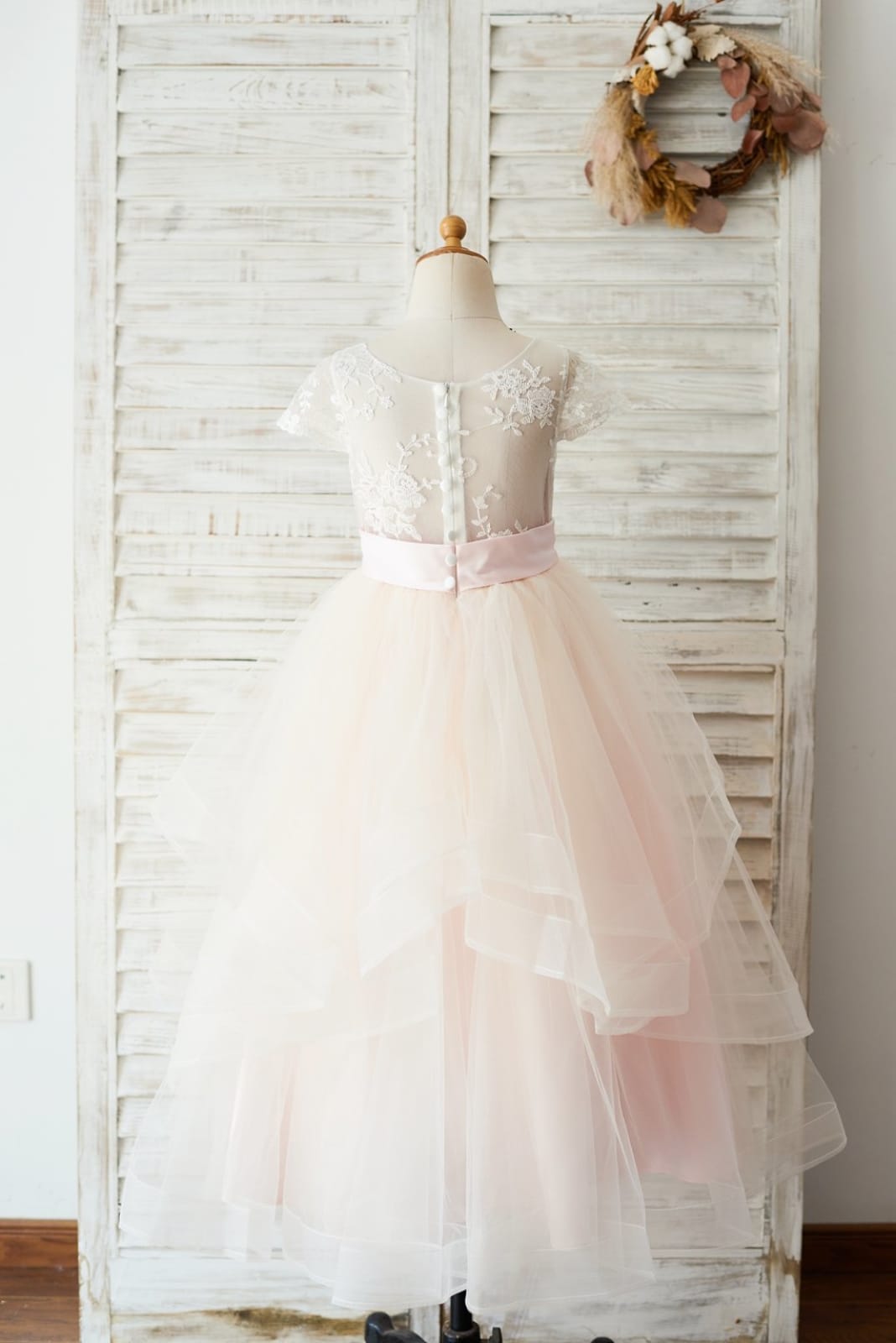 Ivory Lace Pink Tulle Cap Sleeves Wedding Flower Girl Dress, Horsehair Hem