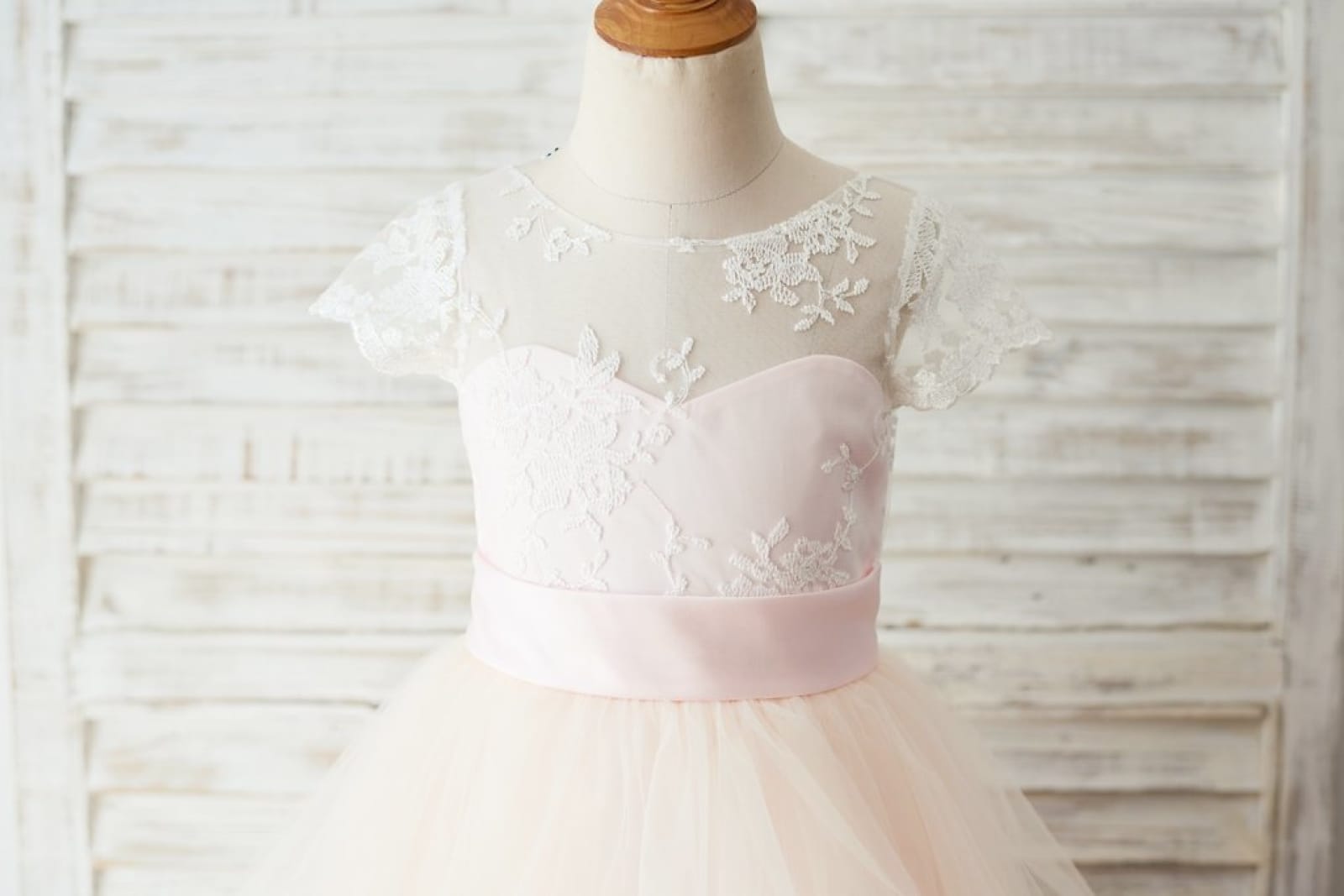 Ivory Lace Pink Tulle Cap Sleeves Wedding Flower Girl Dress, Horsehair Hem