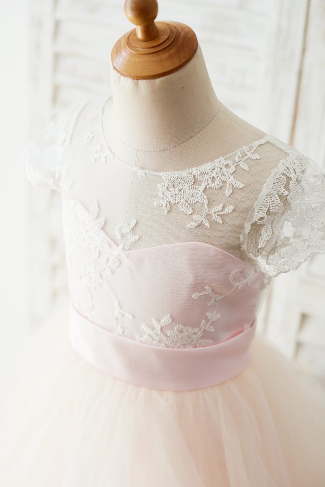 Ivory Lace Pink Tulle Cap Sleeves Wedding Flower Girl Dress, Horsehair Hem