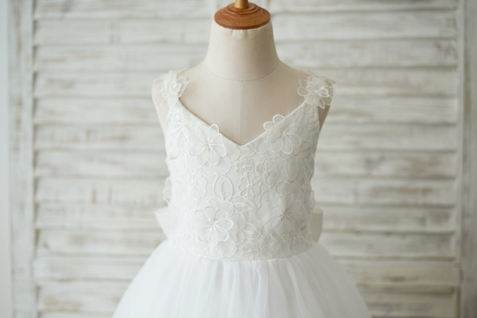 Ivory Lace Tulle 3D Flowers Wedding Flower Girl Dress, Big Bow