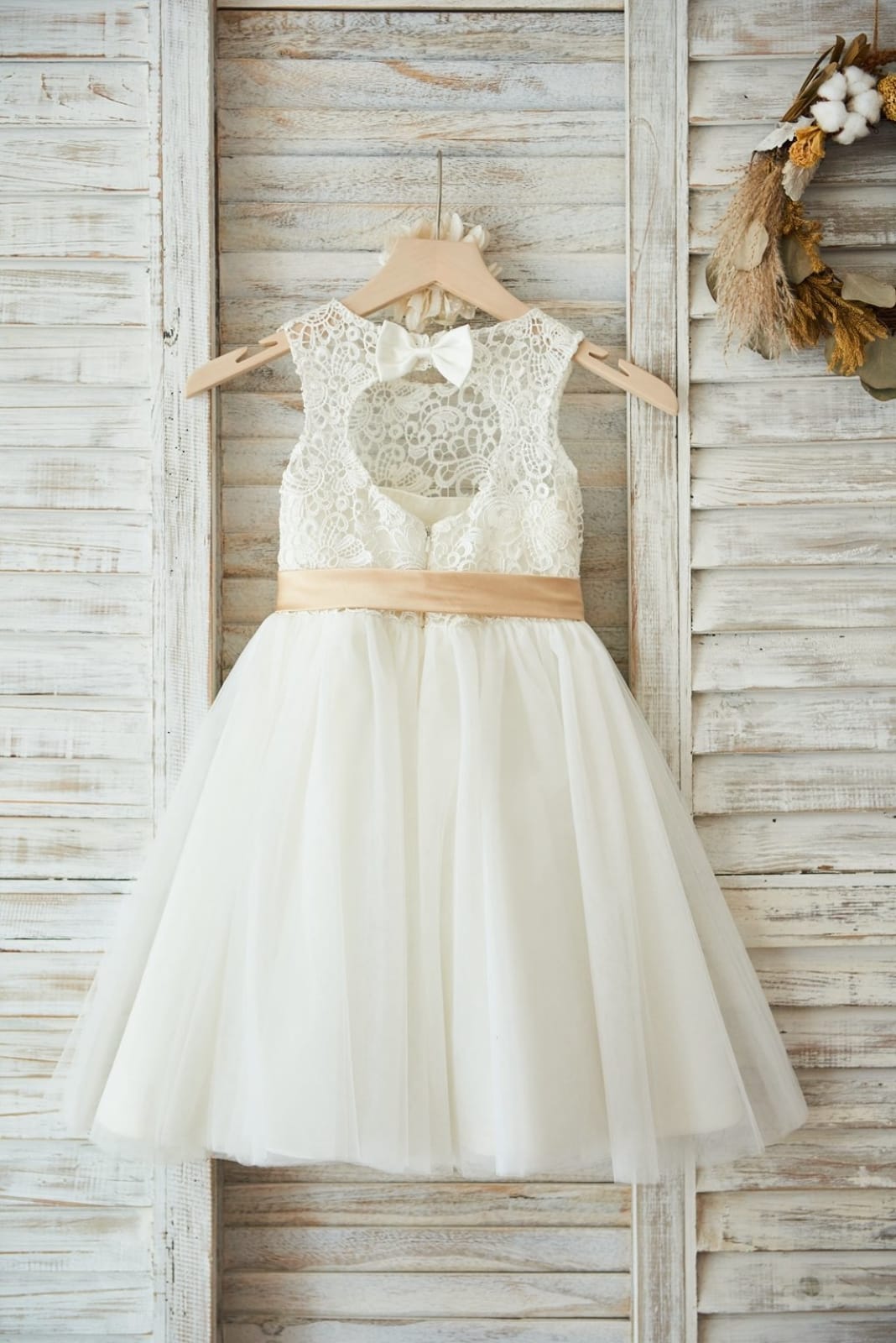 Ivory Lace Tulle Keyhole Back  Wedding Flower Girl Dress, Belt