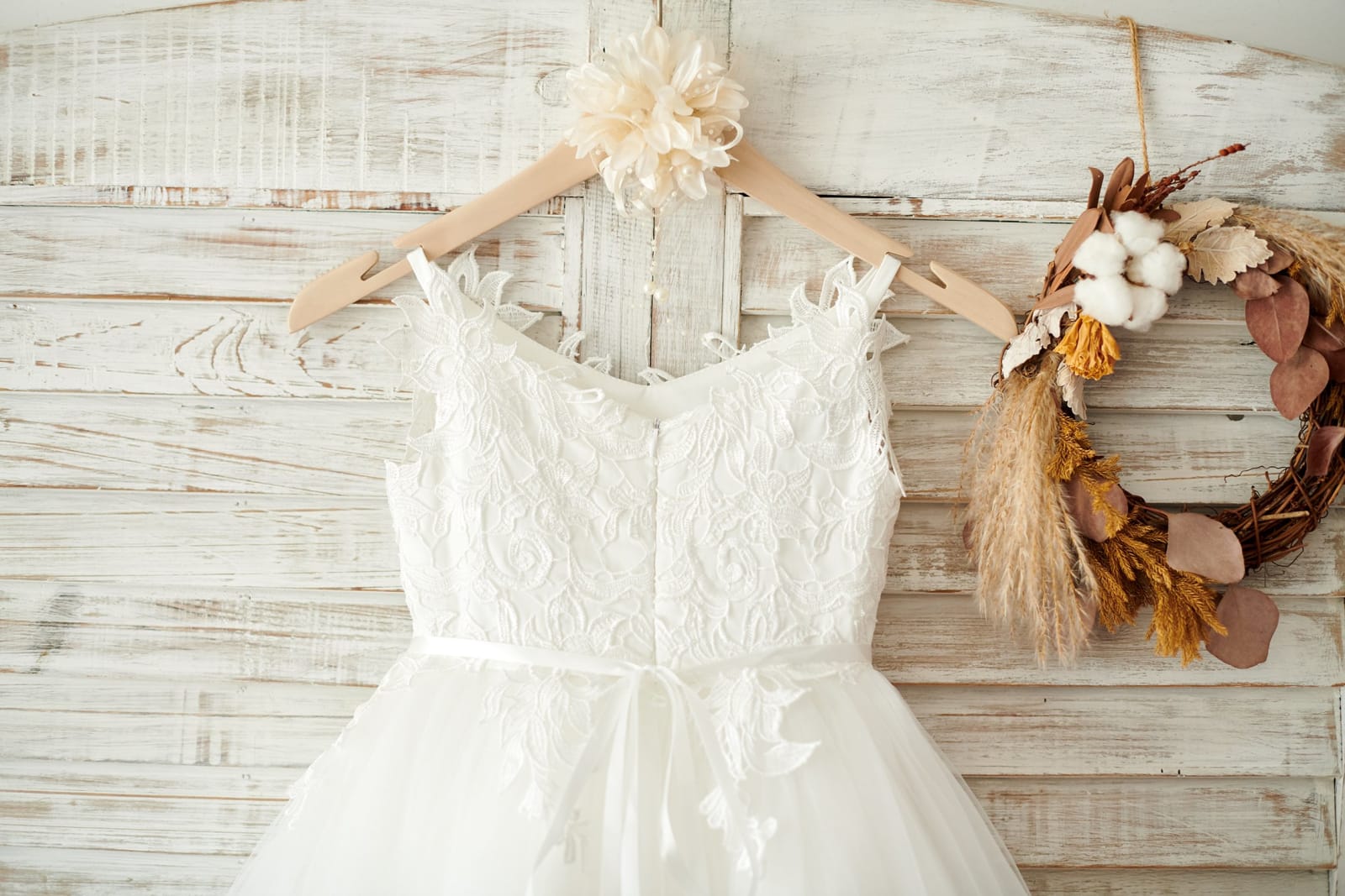 Ivory Lace Tulle Spaghetti Straps Wedding Flower Girl Dress, Beaded Belt