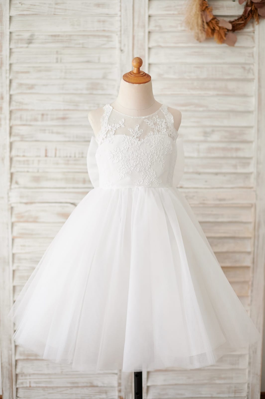 Ivory Lace Tulle Spaghetti Straps Wedding Flower Girl Dress, Bow