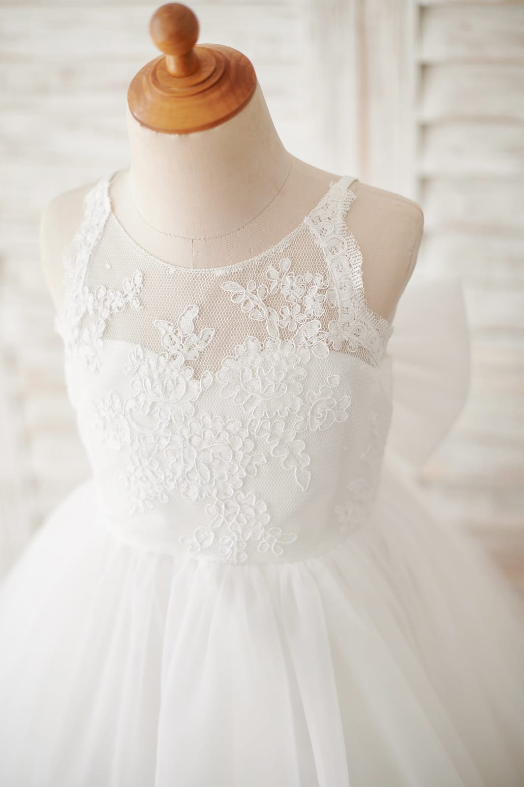 Ivory Lace Tulle Spaghetti Straps Wedding Flower Girl Dress, Bow