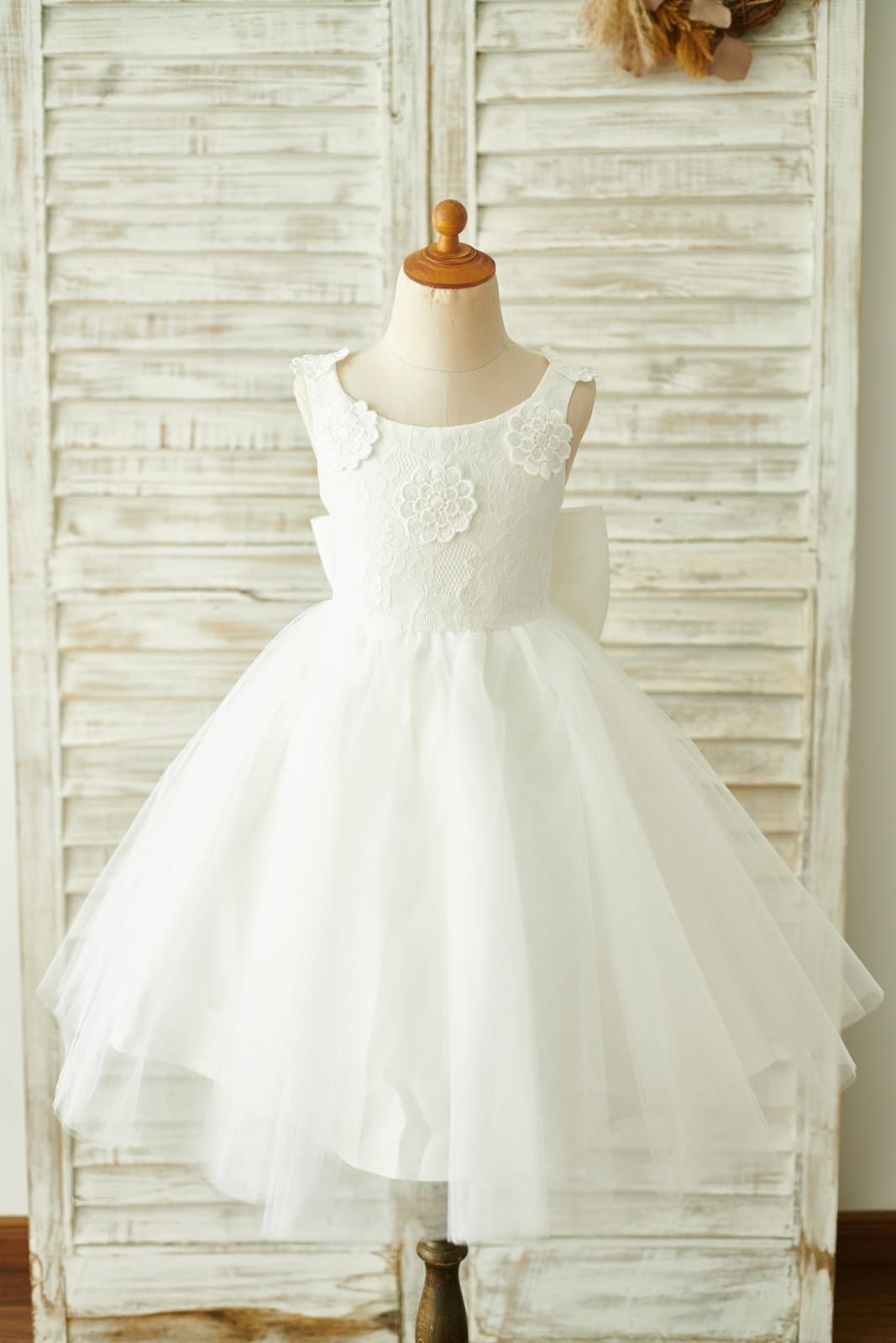 Ivory Lace Tulle Straps Wedding Flower Girl Dress, Big Bow