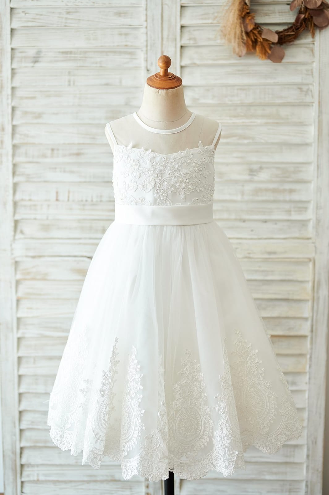 Ivory Lace tulle Wedding Flower Girl Dress, Bows