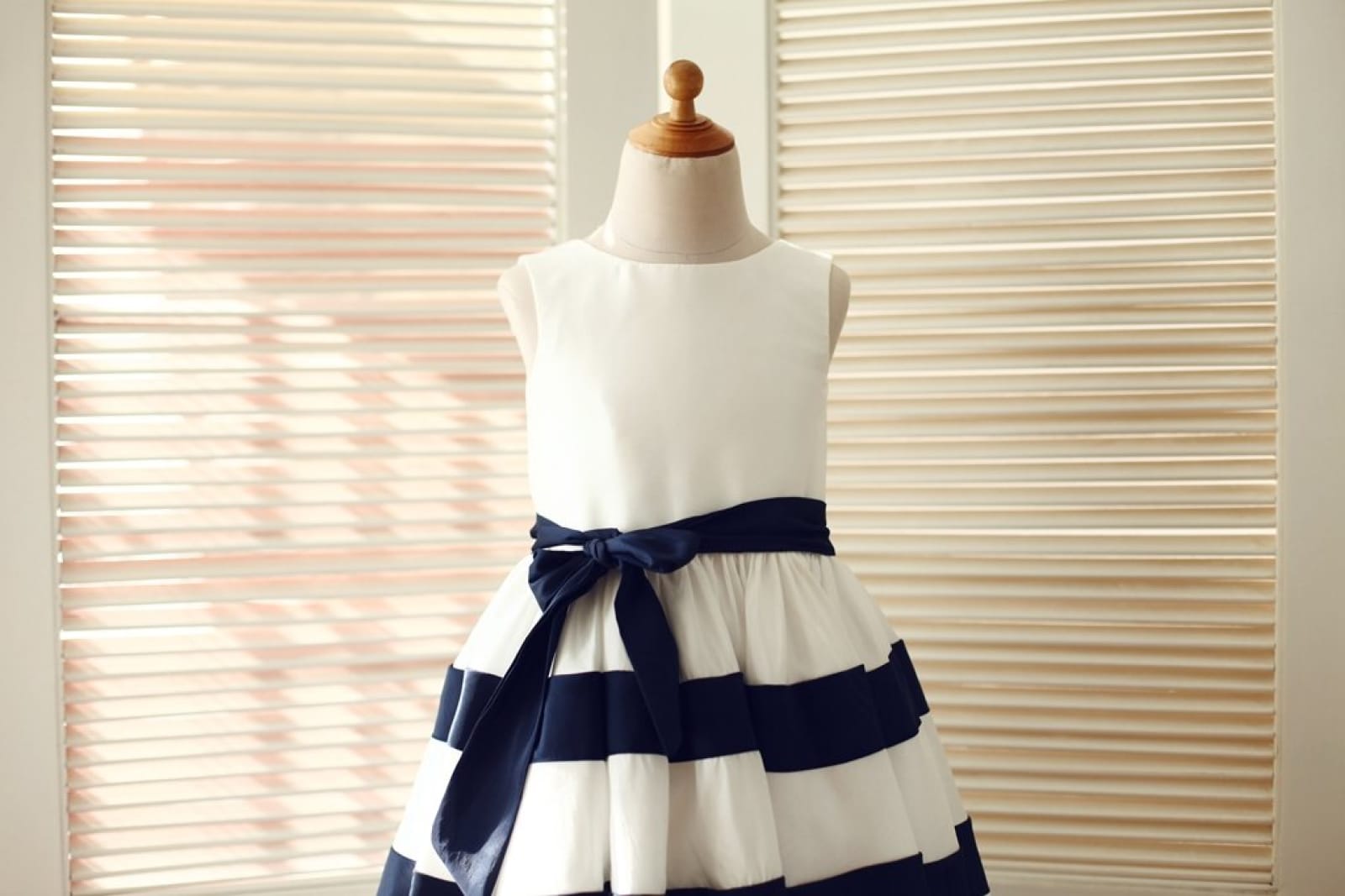 Ivory / Navy Blue Taffeta Stripes Wedding Flower Girl Dress