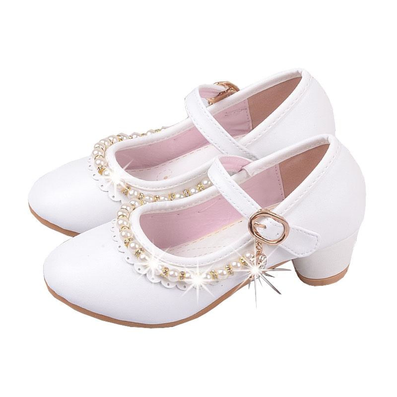 Ivory / Pink Leather Rhinestone Pearls Wedding Flower Girl Shoes High Heels Princess Shoes