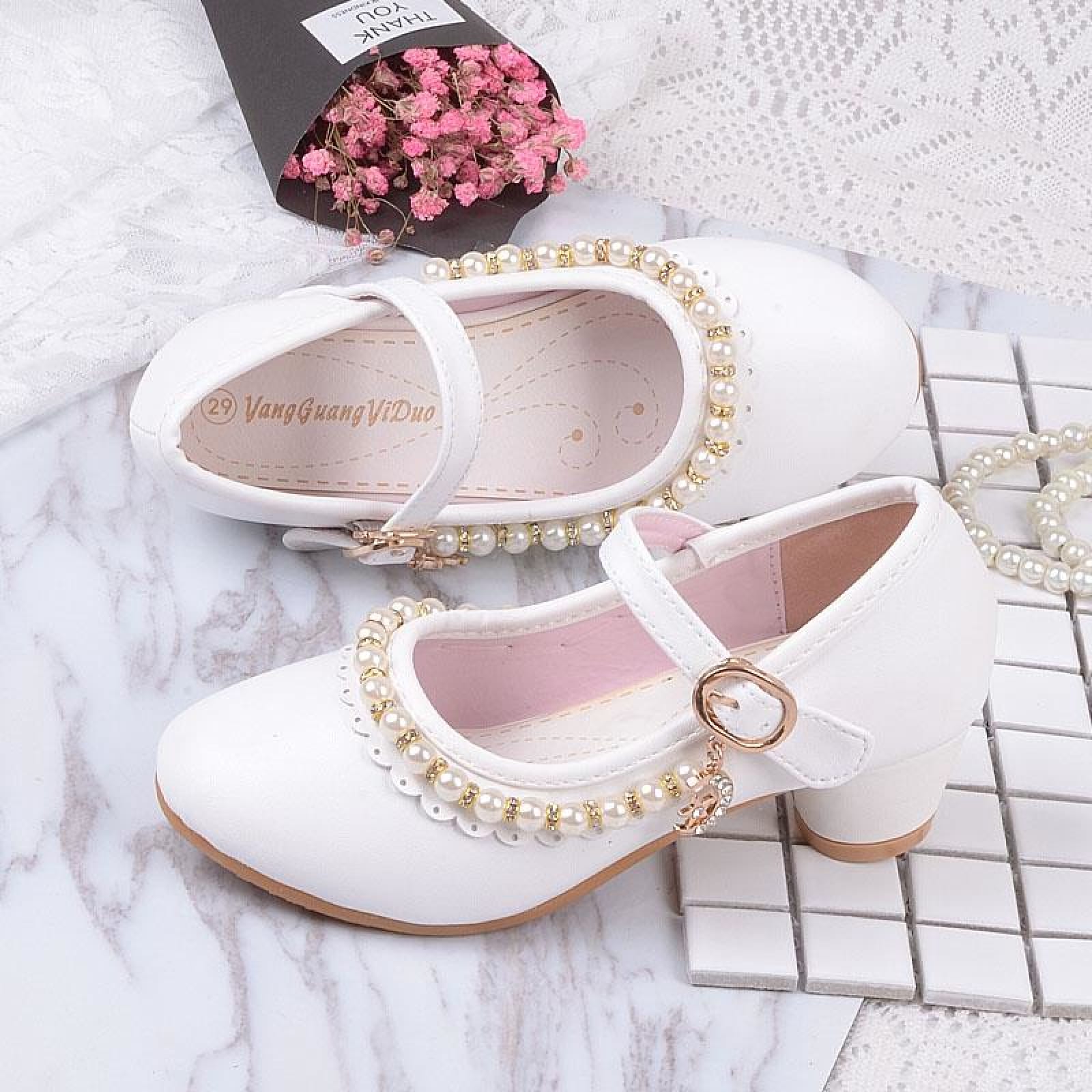 Ivory / Pink Leather Rhinestone Pearls Wedding Flower Girl Shoes High Heels Princess Shoes