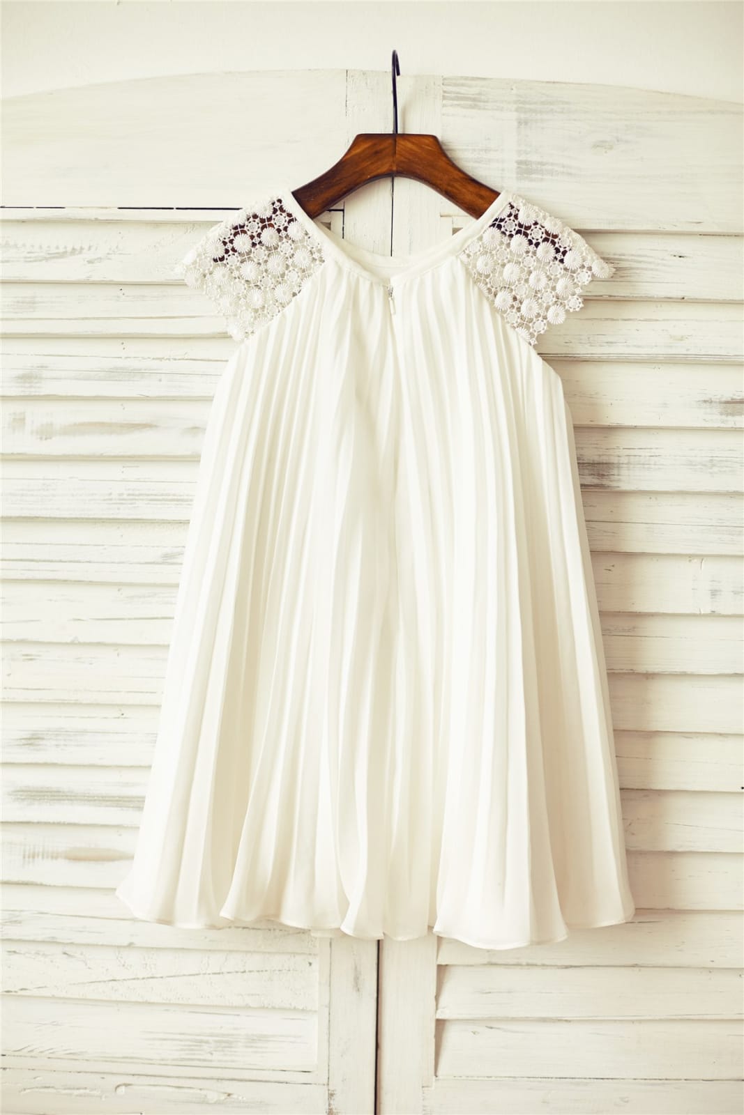 Ivory Pleated Chiffon Lace Cap Sleeves Flower Girl Dress