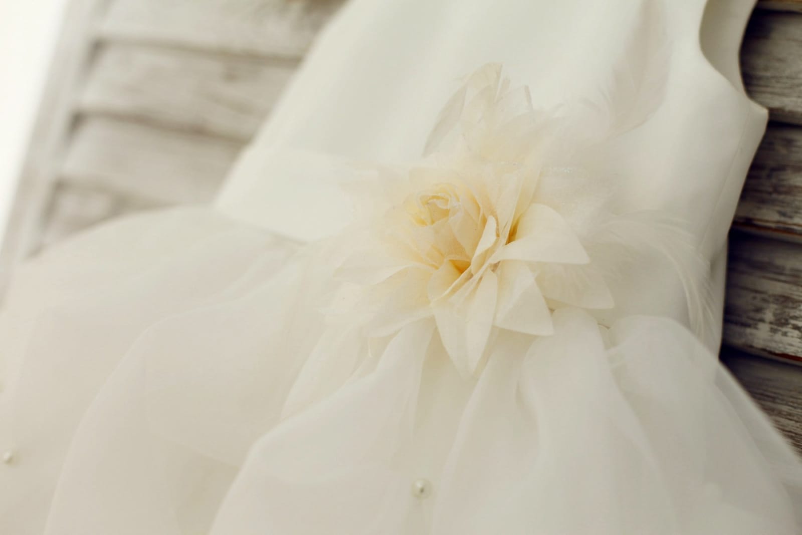 Ivory Satin Organza Ruffle Ball Gown Flower Girl Dress, Feather Flower